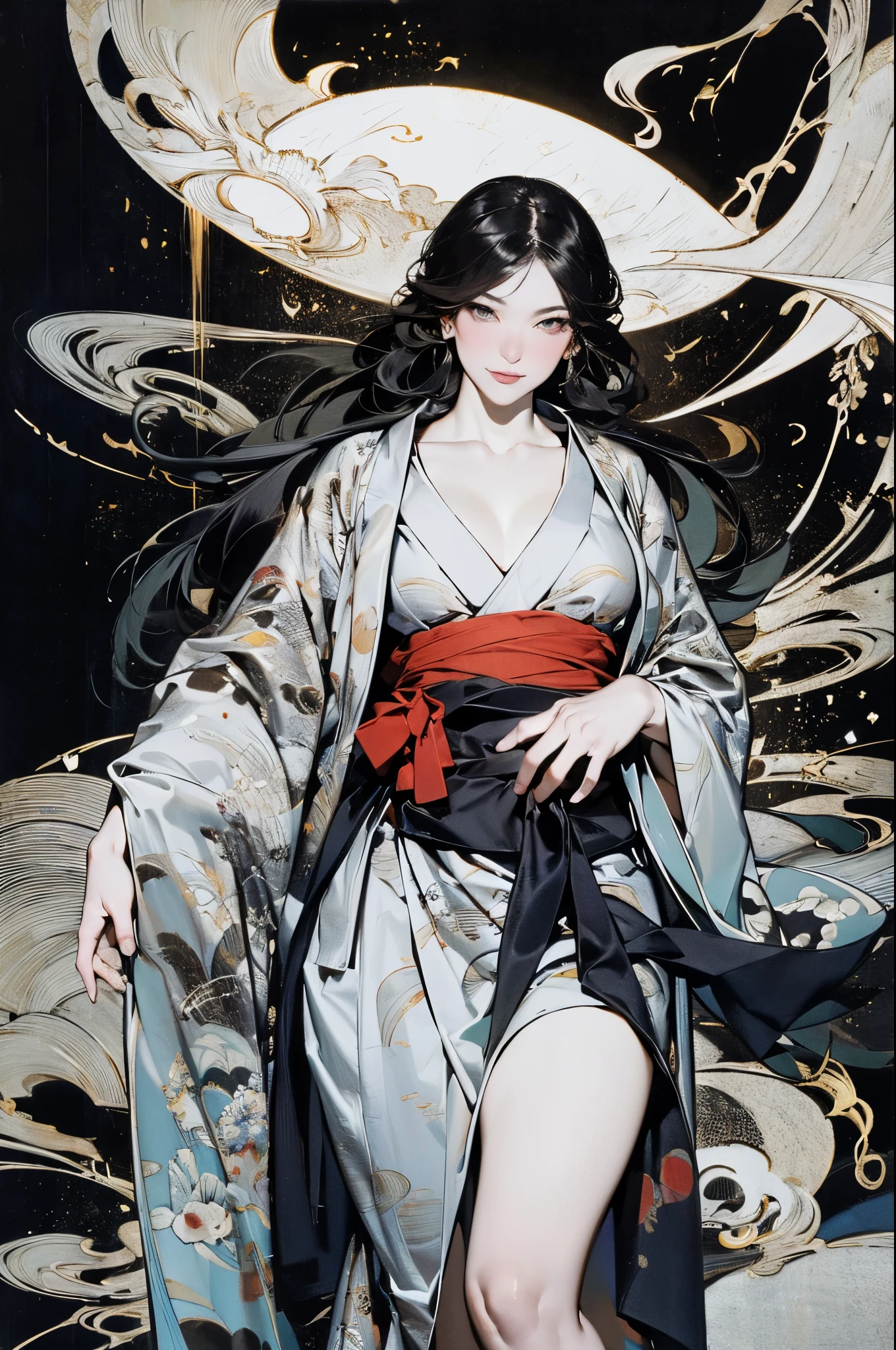 Umalinda warrior sexy, pretty face, Delicious Company, Alluring figure, Wearing a sexy open kimono. The artwork is created in a medium reminiscent of Japanese ink paintings....., 具有大胆的笔触和Monochromatic color palette. artist&#39;Masterful technique reveals the intensity and power of the image&#39;sense of presence，with the highest quality, Perfectly capture every detail with ultra-high resolution. Textures and intricate patterns on kimonos are rendered with extreme precision. Lighting is carefully designed，Enhance drama, Features deep shadows and subtle highlights. General, The artwork exudes elegance and power, Combining traditional Japanese aesthetics with a modern feel. Monochromatic color palette, Combine details, Create captivating and immersive experiences for your audience.