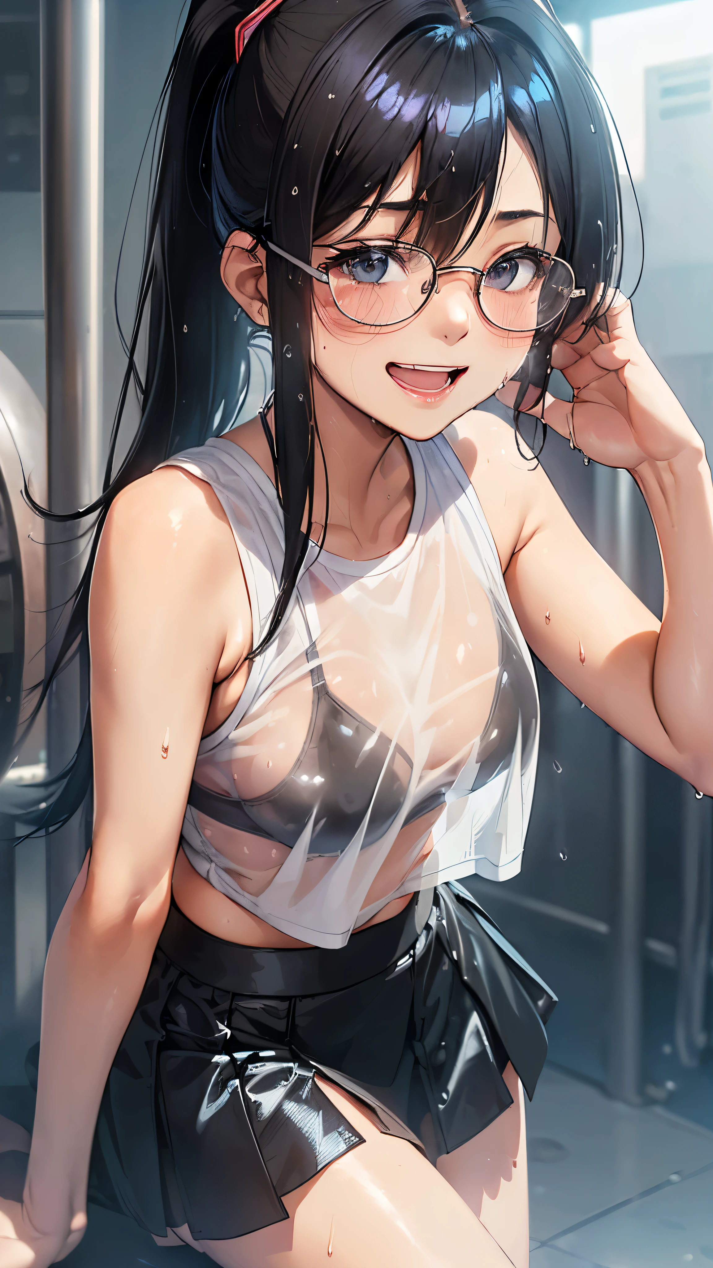 1 female,black hair,25 years old,(((blue shiny micro tight skirt)))((white tank top))(((blush、open mouth smile)),(((straight hair))),(((portrait))),crowd,,(wet with sweat)(sexy black bra and see-through tank top)(Glasses)(((small breasts)))((low ponytail))