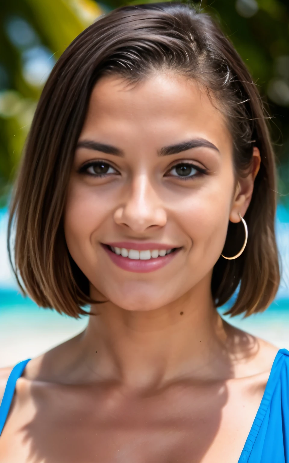 beautiful brunette in bikini , Muito detalhado, 21 anos de idade, rosto inocente, cabelos ondulados naturais, olhos castanhos, high resolution, obra de arte, melhor qualidade, detalhes intrincados, altamente detalhado, sharp focus, pele detalhada, Realista skin textura, textura, olhos detalhados, profissional, 4k, sorriso charmoso, filmado em Canon, 85mm, profundidade superficial de campo, Cores Kodak Vision, corpo em forma perfeita, extremamente detalhado, foto_\(ultra\), photoRealista, Realista, Post-processing, maximum detail, rugosidade, Vida real, ultra Realista, fotorrealismo, fotografia, 8k hd, fotografia
