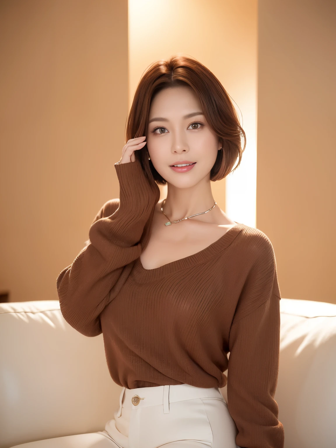 one mature woman、38 years old、Japanese,looking at the viewer,(brown sweater),(white wool pants),(真珠のnecklaceを着けている)、 shiny face,shiny skin,shortcut,necklace,earrings,normal sized breasts,black hair,red mouth,clavicle,beautiful fingers,full body portrait, short hair, bob cut, 8k, super detail, best quality, textured skin, anatomically correct, masterpiece , top quality, cinematic lighting, Use perspective throughout , surrealism , ,(photorealistic:1. 3),(RAW photo) , black hair, light smile, short hair, bob cut, anaglyph, stereogram, (MILF:1), (38 years old), ((Close:0.5)), glare, double eyelids, lip gloss, (smile:1), ((eyes closed:0.85)), red mouth, collar bone, ((looking at viewer)), (short auburn hair wet and shiny), (full body in view) , Slightly thicker body shape , wide-eyed eyes , perfectly round eyes , fine texture