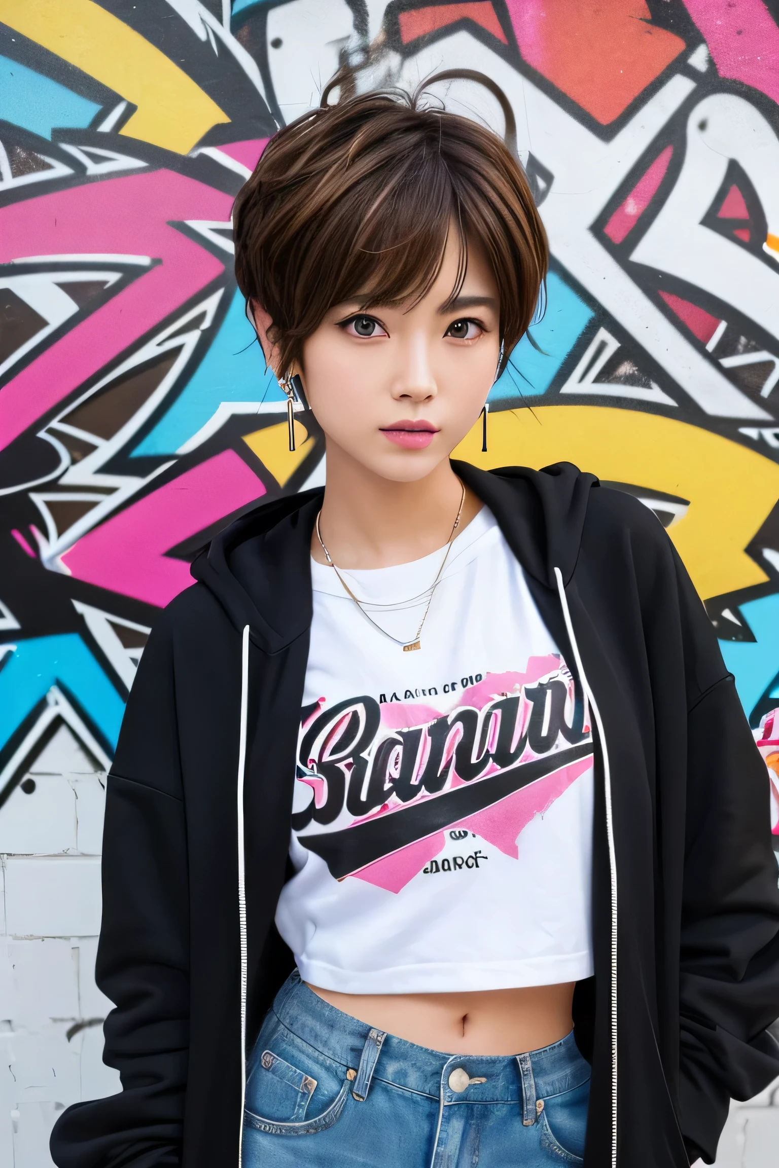 (masterpiece:1.2), Super detailed, ultra high resolution, (realistic, photo realistic:1.37), High-definition RAW color photo, professional photos, highly detailed face, very fine eyes, Very fine skin, very thin fingers, highly detailed nose, highly detailed mouth, perfect anatomy, highly detailed background, (famous japanese actress:1.2), (Improve:1.35), (flat chest), (brown person々, black skin, blonde hair:1.3), (Very short cut hair, curl the inside of the hair:1.2), Urban style and street style, graffiti inspired colors, cool and edgy clothes, baggy pants, oversized hoodie, Stylish sneakers, stylish accessories, hip hop jewelry, confident look, graffiti wall, Energetic and lively atmosphere,