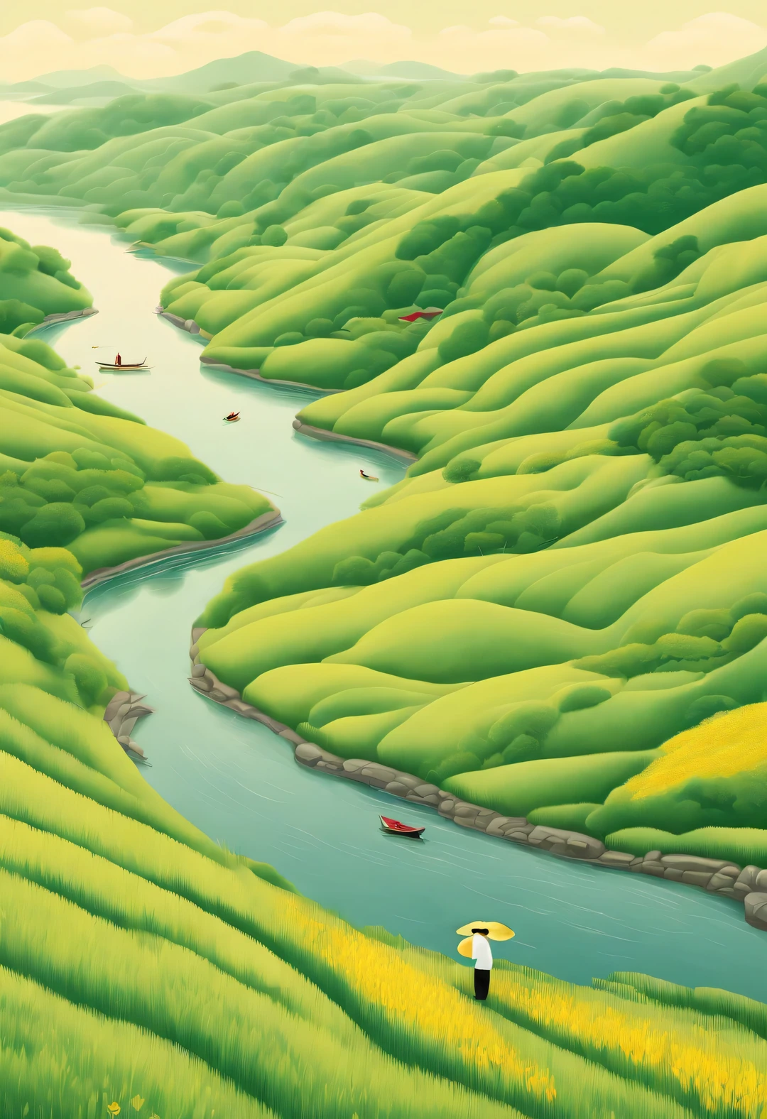 Minimalist illustration, masterpiece, national geographic, Dee Nickerson style,summer green, Chinese farmers, peaceful atmosphere,Curve spread, Smooth connection of curves, Clear contours, ripples of color spreading, colorful diffusing, Marker coloring, print style, Hierarchical curves,colorful, aerial shot from the drone,Super detailed, ultra high definition, 16k