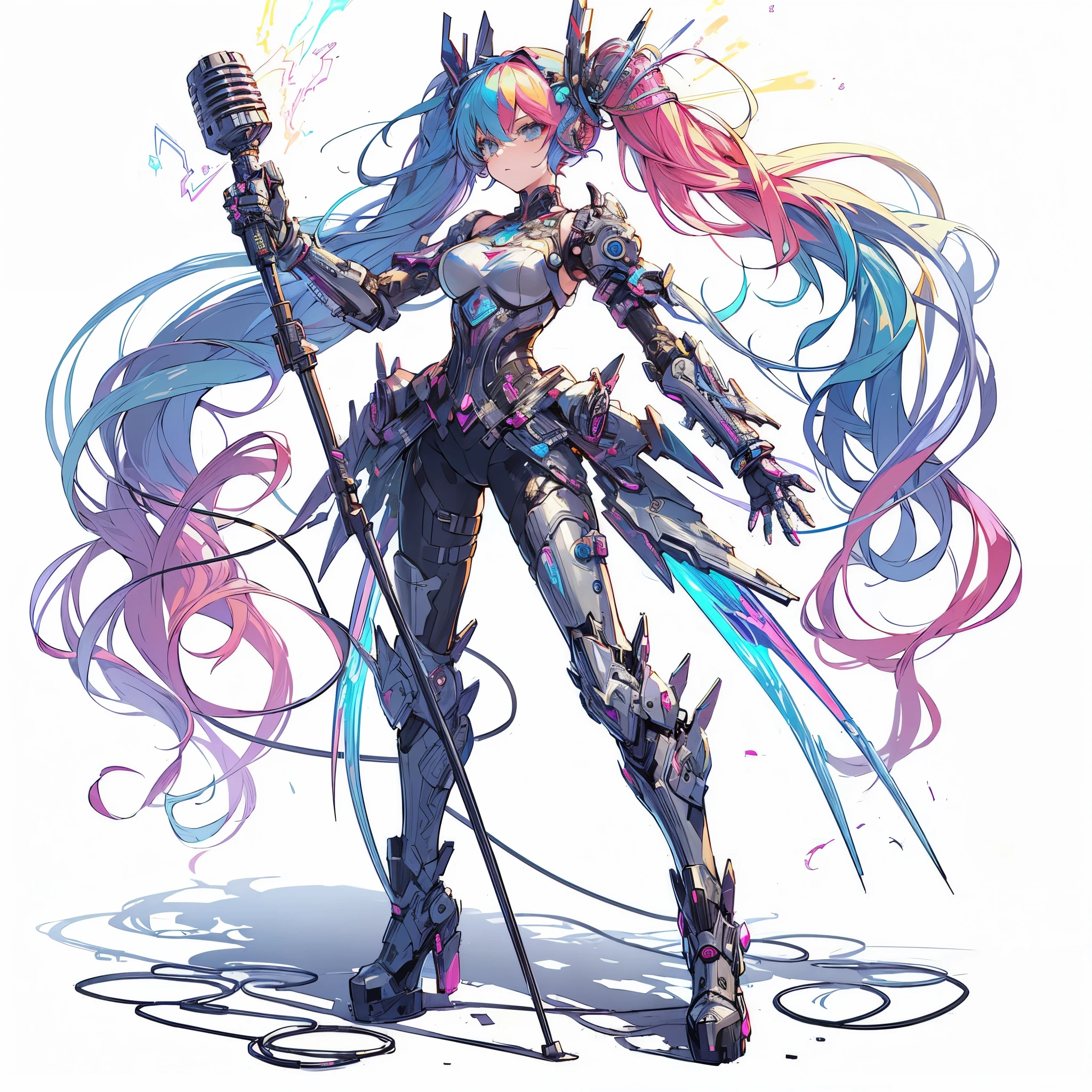 (Masterpiece, top quality), (perfect athlete body: 1.2), (detailed hair), ultra detailed, anime style, full body, solo, Cyberpunk magical girl, colorful hair in a single braid, armored magical diva outfit, raise up mechanical microphone weapon, wearing hi-tech boots, standing wasteland, white background, whole body, supernatural flame and Lightning,
