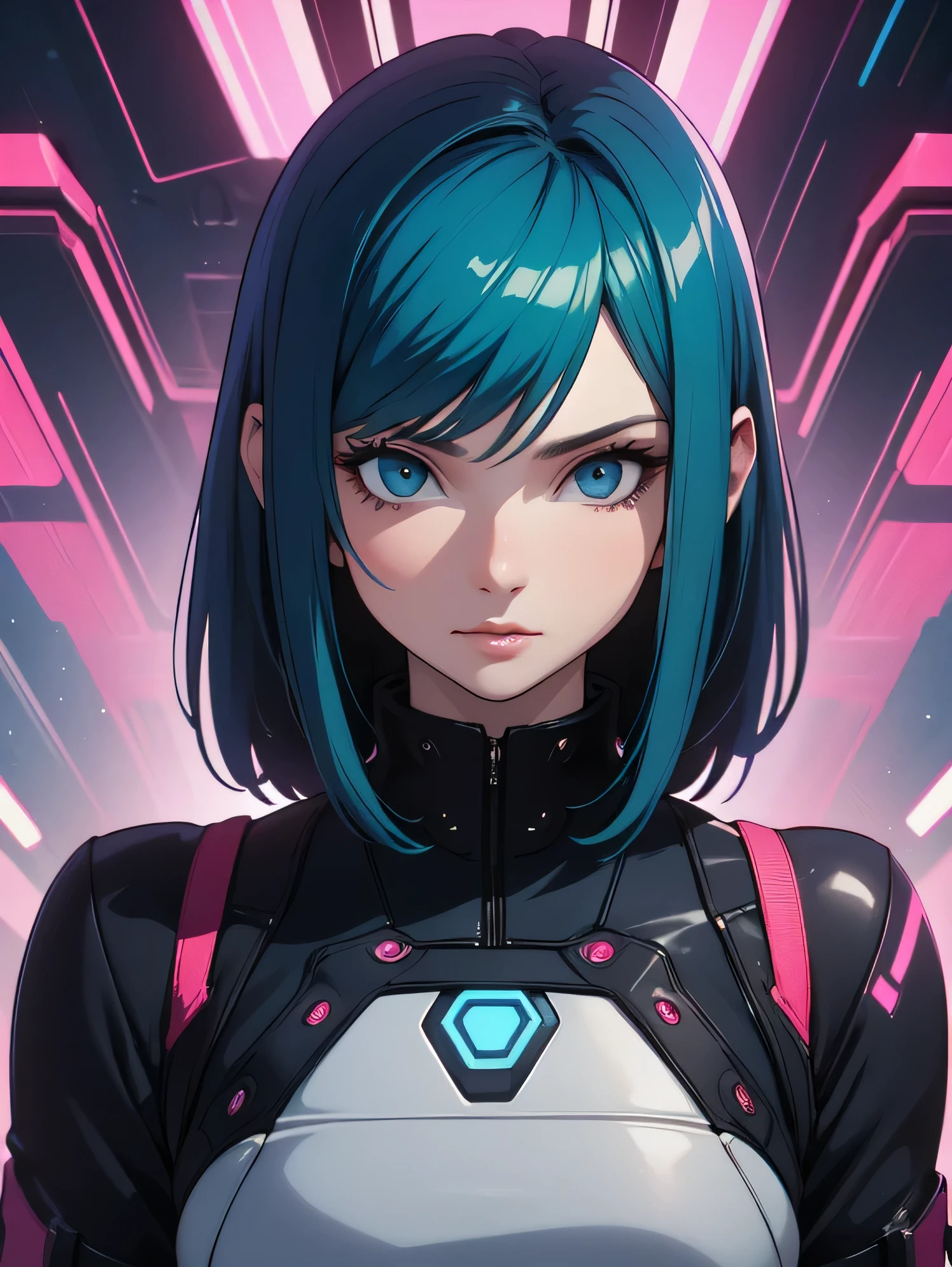 woman, realistic characters, green hair and pink hair, blue eyes, anime, alone, modern, cyber punk