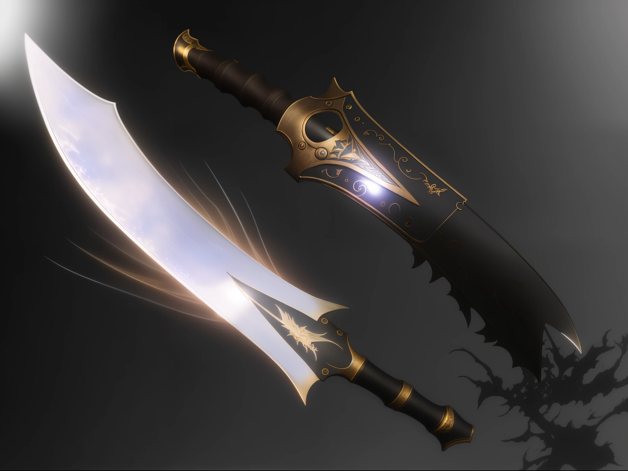um close up de uma faca com uma luz brilhando sobre ela, desenho de espada, blade design, arma de guerra, espada jiang, ghost blade style, epic arma de fantasia art, Fantasy Blade, espadas duplas, Arte de armas de RPG de fantasia, projeto de arma, arma de fantasia, ray traced blade, espadas empunhadas duplas, espada curva, science fiction sword, bela espada, arte conceitual de arma