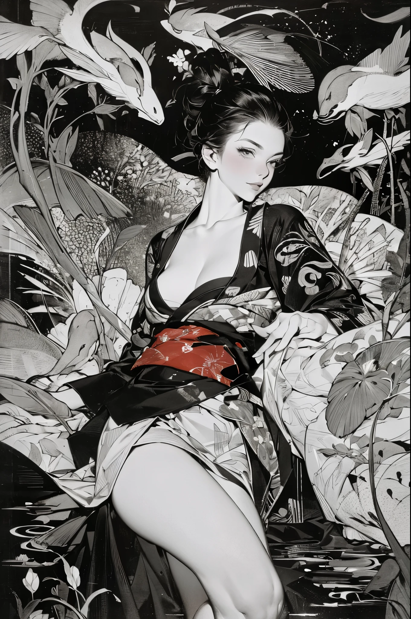 Umalinda warrior sexy, pretty face, Delicious Company, Alluring figure, Wearing a sexy open kimono. The artwork is created in a medium reminiscent of Japanese ink paintings....., 具有大胆的笔触和Monochromatic color palette. artist&#39;Masterful technique reveals the intensity and power of the image&#39;sense of presence，with the highest quality, Perfectly capture every detail with ultra-high resolution. Textures and intricate patterns on kimonos are rendered with extreme precision. Lighting is carefully designed，Enhance drama, Features deep shadows and subtle highlights. General, The artwork exudes elegance and power, Combining traditional Japanese aesthetics with a modern feel. Monochromatic color palette, Combine details, Create captivating and immersive experiences for your audience.