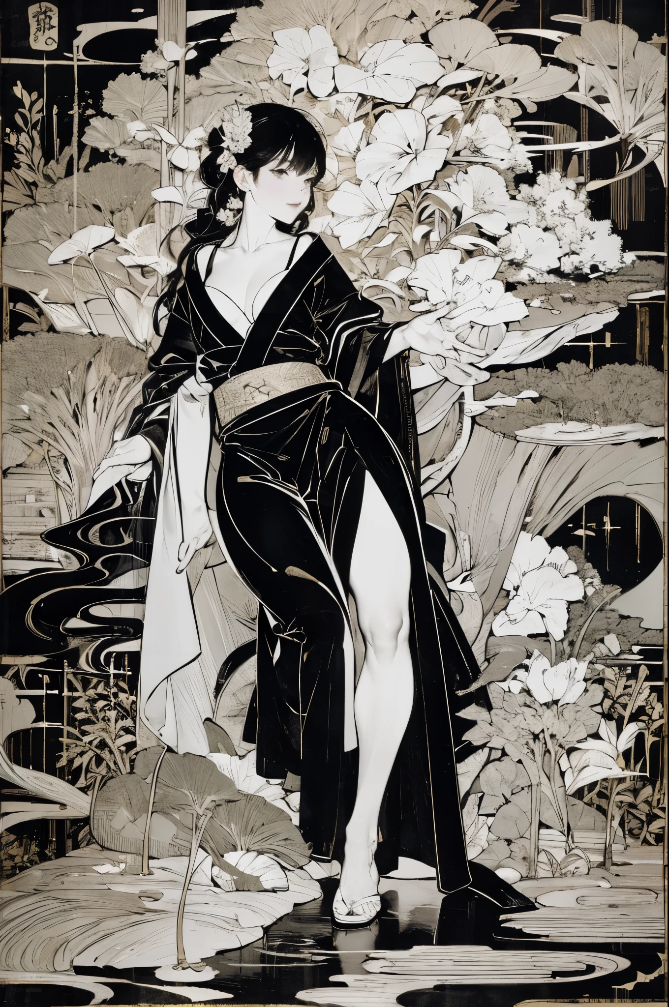 Umalinda warrior sexy, pretty face, Delicious Company, Alluring figure, Wearing a sexy open kimono. The artwork is created in a medium reminiscent of Japanese ink paintings....., 具有大胆的笔触和Monochromatic color palette. artist&#39;Masterful technique reveals the intensity and power of the image&#39;sense of presence，with the highest quality, Perfectly capture every detail with ultra-high resolution. Textures and intricate patterns on kimonos are rendered with extreme precision. Lighting is carefully designed，Enhance drama, Features deep shadows and subtle highlights. General, The artwork exudes elegance and power, Combining traditional Japanese aesthetics with a modern feel. Monochromatic color palette, Combine details, Create captivating and immersive experiences for your audience.