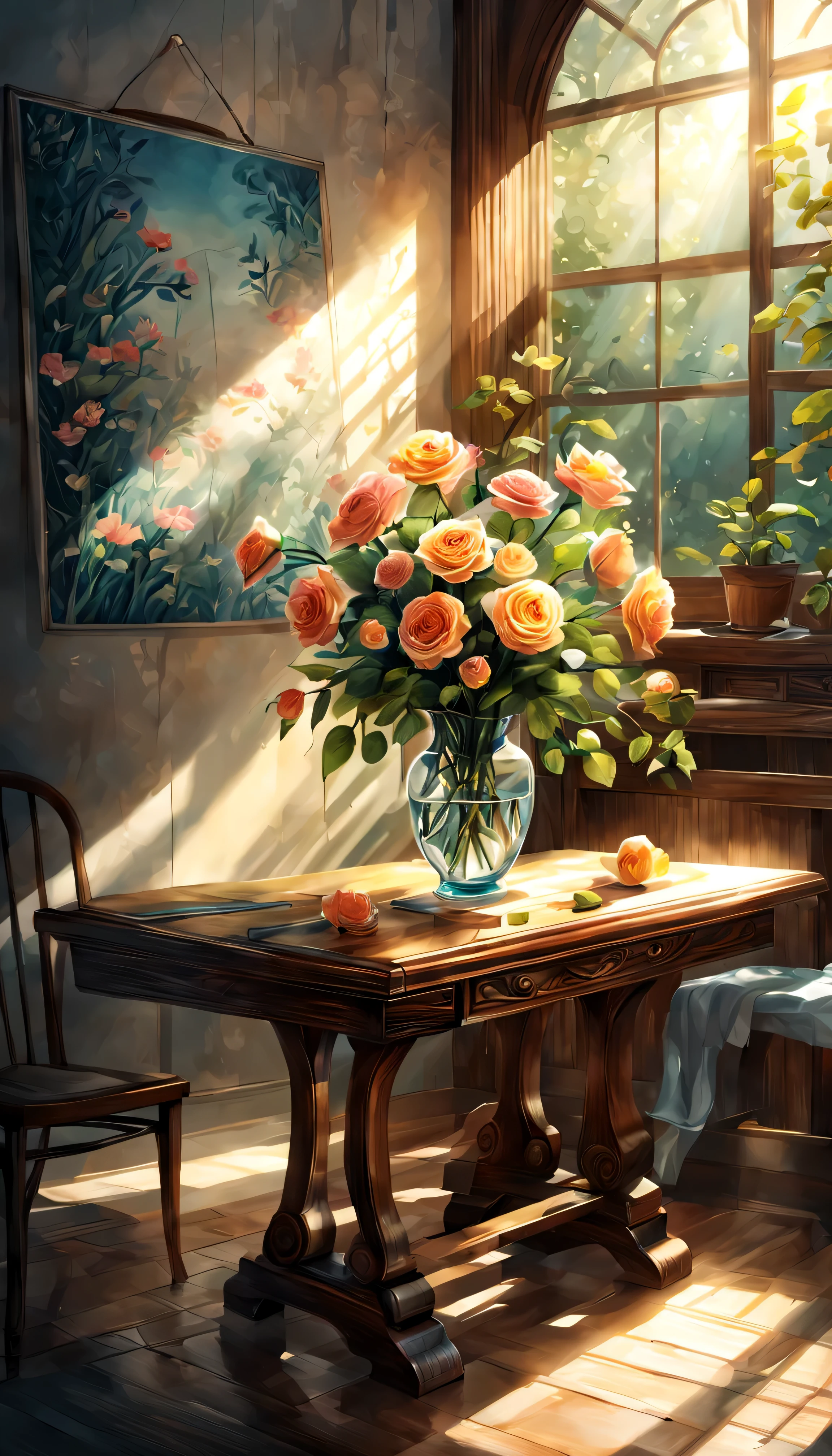 On a table with obvious wood grain.The picture on the painting is a watercolor of hand drawn flowers and roses (Hand drawn watercolor with large blank space)The pattern is fresh and natural,Super fine hemp rope.調色盤隨意地置放On a table with obvious wood grain. (best quality), (super detailed), (Best Illustration),(Best light and shadow),Art Deco, concept art, , Luminism, Ray tracing, contour, Vignetting, mail, First-person perspective, Wide-angle lens, ultra high definition, anatomically correct, Super details, best quality