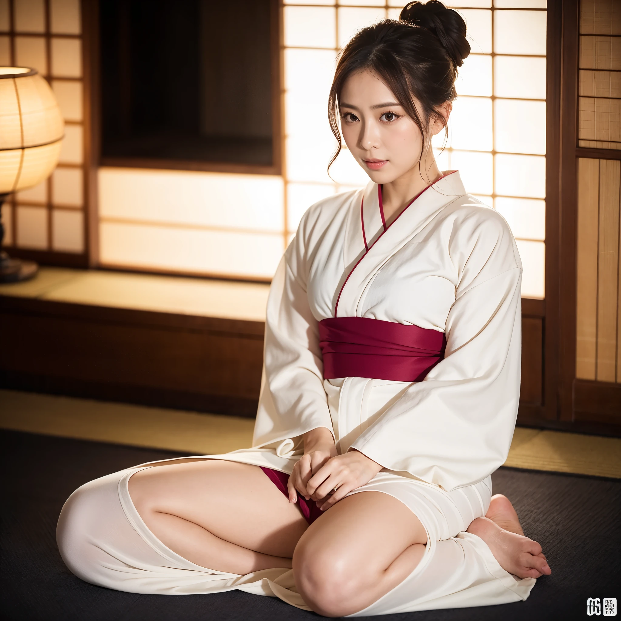 NSFW、Depictions of sex、最high quality、high quality、best image quality、8K、最High resolution、High resolution、最high quality、masterpiece、realistic pictures、RAW photo、realistic atmosphere、(detailed face)、(fine hands、thumb1reference4)、(beauty of japan )、very nice face、cute face、((beautiful japanese girl))、(woman), ((18 year old beautiful girl))、(glossy black hair)、(straight long hair)、(ponytail)、whole body、slim style、(shiny skin)、(Fair skin, Glossy skin)、real human skin、realistic human body structure、perfect body, perfect face, perfect hands, perfect fingers, perfect lips, perfect eyes,perfect teeth、perfect background, perfect atmosphere,look at the camera、 natural soft light、samurai kimono、maiko kimono、servant、geisha kimono、japanese kimono、japanese traditional、In front of a samurai residence in Japan、((transparent random color(floral samurai kimono、side slit hakama))、((sit astride a stump(Pose that makes your thighs look beautiful))