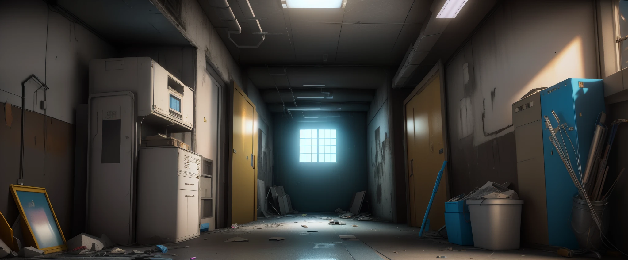 there is a horror school corridor, 3d cartoon, vivid bright neon colors, hyperrealistic unreal engine. retro film still, backrooms abandoned mall, cyberpunk basement, unreal octane render, hyperealistic octane render, game cg, hdr render in unreal engine 5, realistic cinema 4 d render, fallout environment, made in unreal engine 4, made in unreal engine, post apocalyptic room interior, most beautiful vfx, blue background, chrome metal refractions, rim light, high resolution, realistic, 4k, realistic, vivid colours