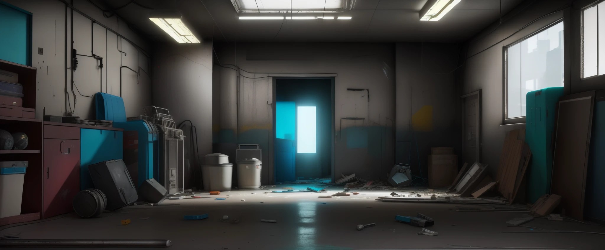 there is a horror school corridor, 3d cartoon, vivid bright neon colors, hyperrealistic unreal engine. retro film still, backrooms abandoned mall, cyberpunk basement, unreal octane render, hyperealistic octane render, game cg, hdr render in unreal engine 5, realistic cinema 4 d render, fallout environment, made in unreal engine 4, made in unreal engine, post apocalyptic room interior, most beautiful vfx, blue background, chrome metal refractions, rim light, high resolution, realistic, 4k, realistic, vivid colours