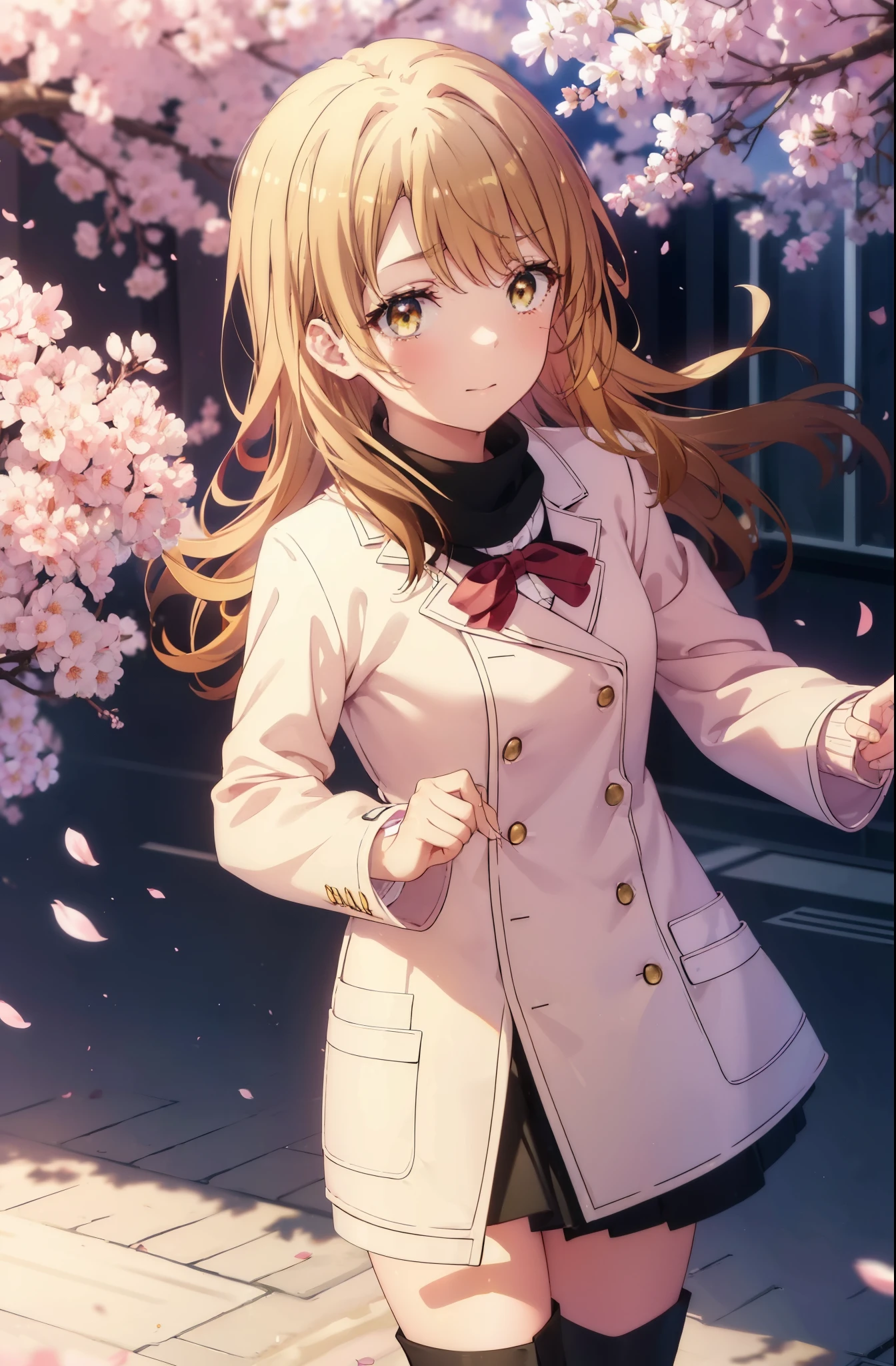 irohaisshiki, iroha isshiki, long hair, brown hair, (brown eyes:1.5), smile,yellow muffler,pink long coat There is space in front,white sweater,black long skirt,short boots,Big tears are running down her face,Crying with joy,cry a lot,A piece of paper with a large number of numbers written on it is pasted on the bulletin board in front of the school building.,happy crowd,cherry blossoms are blooming,Cherry blossoms are scattered,pink scenery,
break outdoors, University buildings,
壊す looking at viewer,Systemic
break (masterpiece:1.2), highest quality, High resolution, unity 8k wallpaper, (figure:0.8), (detailed and beautiful eyes:1.6), highly detailed face, perfect lighting, Very detailed CG, (perfect hands, perfect anatomy),