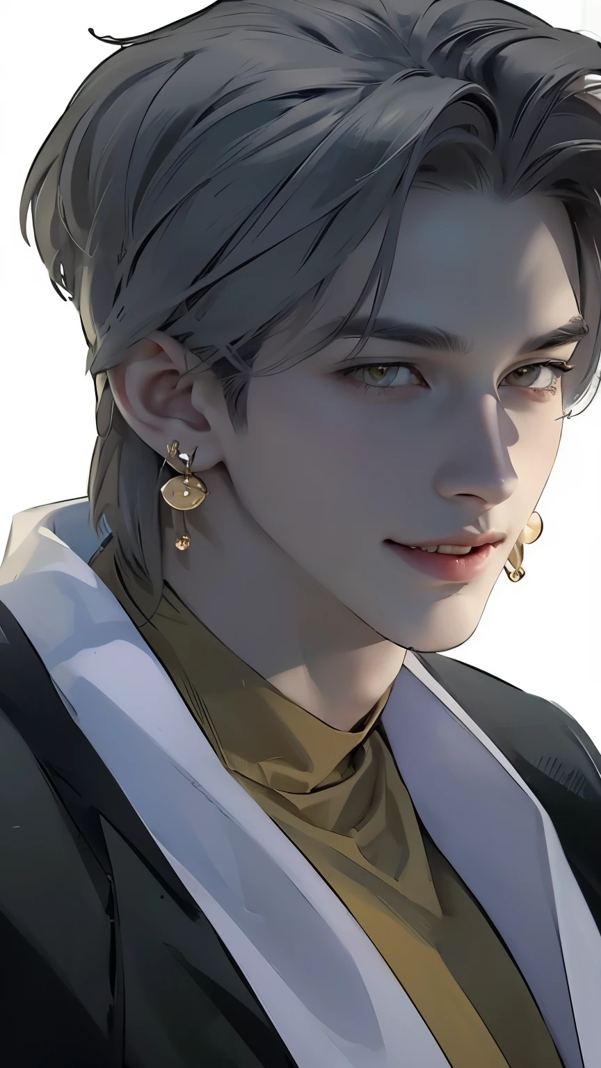Masterpiece of man, Adult man with firm facial features like an Dutch, yellow eyes, his nose is sharp, laugh, laugh happily, wearing yellow earrings, mature, yellow eyes, very handsome, white, clean, smooth skin