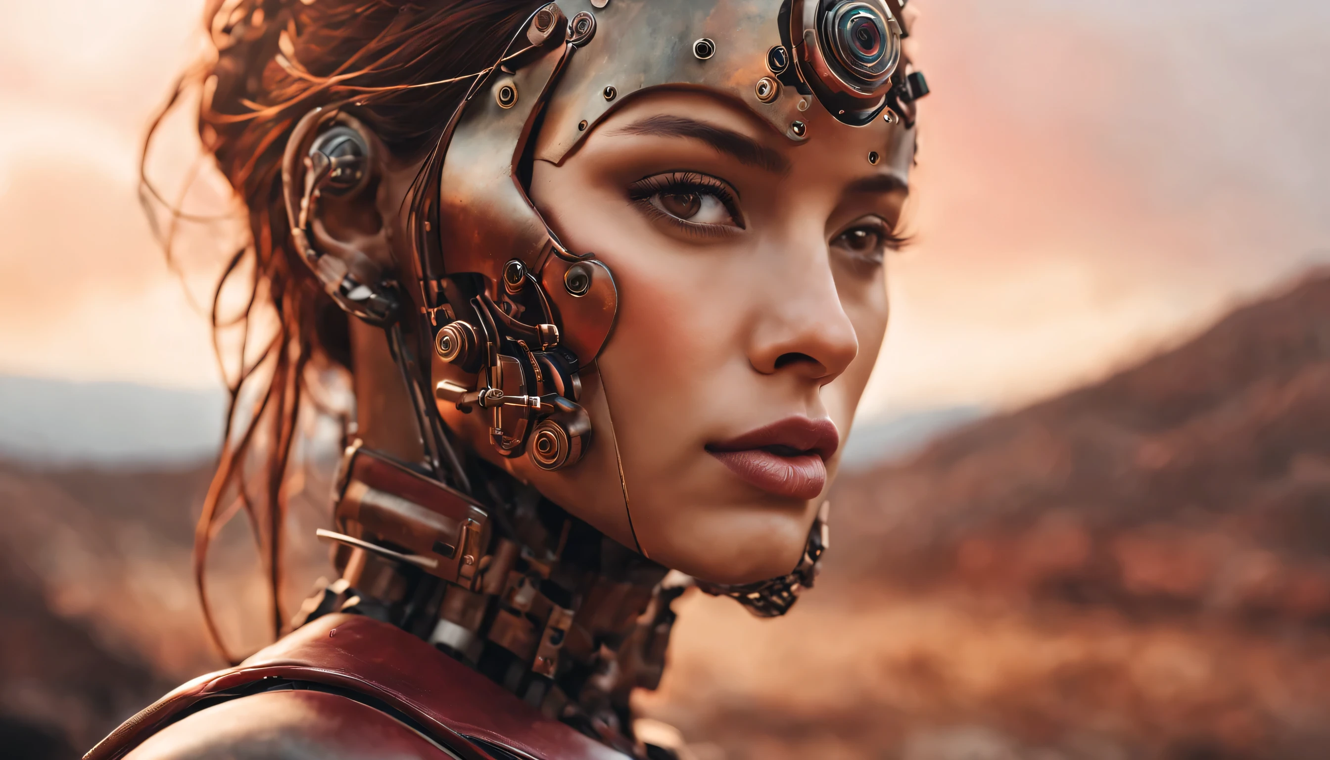 Un gros plan, image photo-réaliste mettant l'accent sur la tête d'a half-robot woman, Demi-humain. L'arrière-plan devrait être un paysage post-apocalyptique, mais avec cette composition, l'accent est davantage mis sur le visage de la femme, mettant en valeur les détails complexes où ses caractéristiques humaines et robotiques fusionnent. Le paysage, tout en étant flou en raison d'un effet bokeh, devrait avoir une teinte rouge dominante, suggérant une atmosphère enflammée ou semblable à un coucher de soleil qui ajoute à l'ambiance post-apocalyptique. This detailed focus on woman's face on reddish background, a blurred background should convey depth, contraste émotionnel entre la technologie et l'humanité au milieu du chaos.