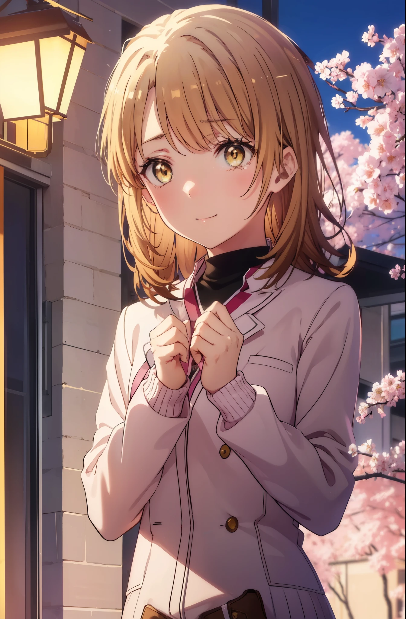 irohaisshiki, iroha isshiki, long hair, short braided hair,ponytail,brown hair, (brown eyes:1.5), smile,yellow muffler,pink long coat There is space in front,white sweater,black long skirt,short boots,Big tears are running down her face,Crying with joy,cry a lot,A piece of paper with a large number of numbers written on it is pasted on the bulletin board in front of the school building.,happy crowd,cherry blossoms are blooming,Cherry blossoms are scattered,pink scenery,
break outdoors, University buildings,
break looking at viewer,
break (masterpiece:1.2), highest quality, High resolution, unity 8k wallpaper, (figure:0.8), (detailed and beautiful eyes:1.6), highly detailed face, perfect lighting, Very detailed CG, (perfect hands, perfect anatomy),