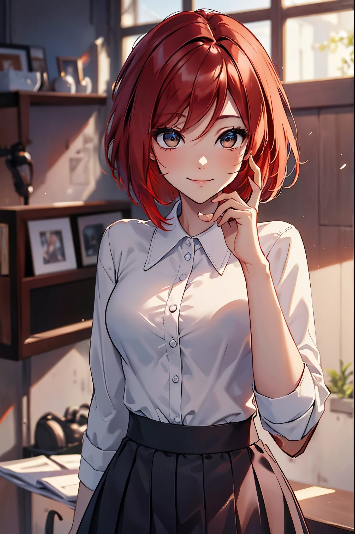 { masterpiece : best quality : high resolution : unity 8k wallpaper : illustration : beautiful detailed eyes : extremely detailed face : perfect lighting : extremely detailed CG : perfect hands : perfect anatomy } { Will Vandom, short red hair , white collar shirt, black skirt, solo, smiling, looking at viewer, cinematic composition, cutest pose, full body image , }