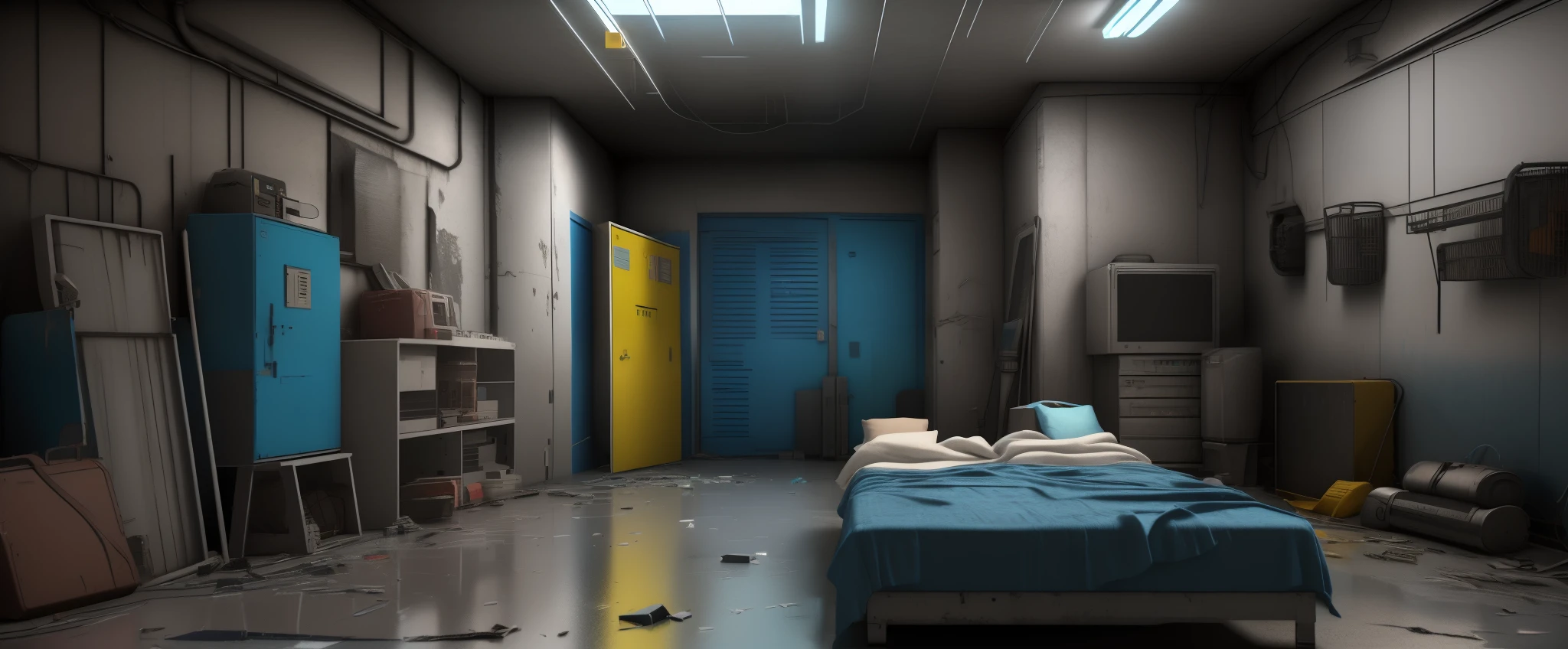 there is a horror school corridor, 3d cartoon, vivid bright neon colors, hyperrealistic unreal engine. retro film still, backrooms abandoned mall, cyberpunk basement, unreal octane render, hyperealistic octane render, game cg, hdr render in unreal engine 5, realistic cinema 4 d render, fallout environment, made in unreal engine 4, made in unreal engine, post apocalyptic room interior, most beautiful vfx, blue background, chrome metal refractions, rim light, high resolution, realistic, 4k, realistic, vivid colours