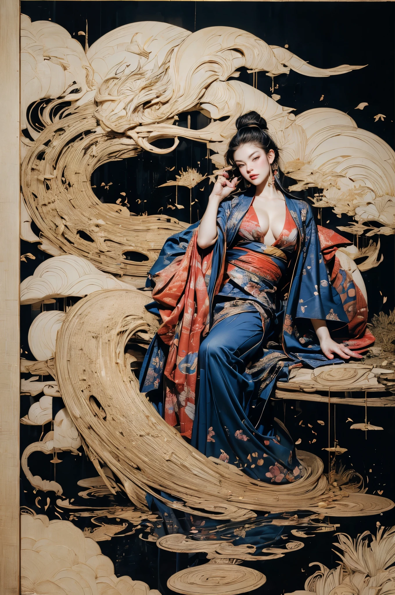 Umalinda warrior sexy, pretty face, Delicious Company, Alluring figure, Wearing a sexy open kimono. The artwork is created in a medium reminiscent of Japanese ink paintings....., 具有大胆的笔触和Monochromatic color palette. artist&#39;Masterful technique reveals the intensity and power of the image&#39;sense of presence，with the highest quality, Perfectly capture every detail with ultra-high resolution. Textures and intricate patterns on kimonos are rendered with extreme precision. Lighting is carefully designed，Enhance drama, Features deep shadows and subtle highlights. General, The artwork exudes elegance and power, Combining traditional Japanese aesthetics with a modern feel. Monochromatic color palette, Combine details, Create captivating and immersive experiences for your audience.