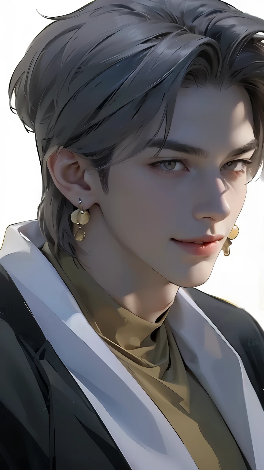 Masterpiece of man, Adult man with firm facial features like an Dutch, yellow eyes, his nose is sharp, laugh, laugh happily, wearing yellow earrings, mature, yellow eyes, very handsome, white, clean, smooth skin