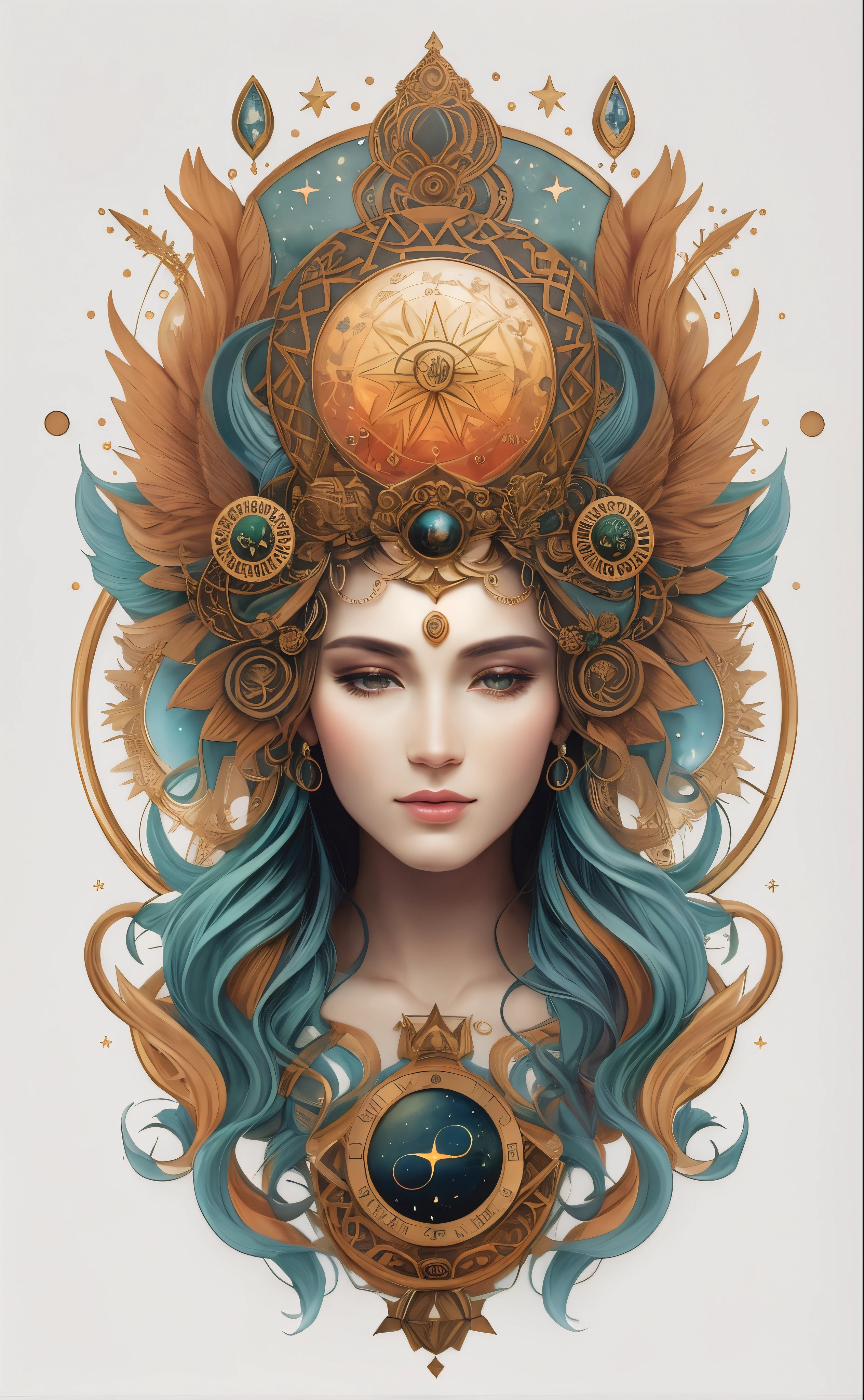 A closeup of a woman with a watch on her head, deusa. Detalhes extremamente altos, portrait of a cosmic goddess, zodiac signs, Retrato da Deusa, goddess of space and time, Deusa Celestial, Retrato de uma bela deusa, Um retrato impressionante de uma deusa, Deusa do Tempo, Mago Celestial Lindo, Retrato da deusa 3D, portrait of a norse moon goddess, cosmic goddess