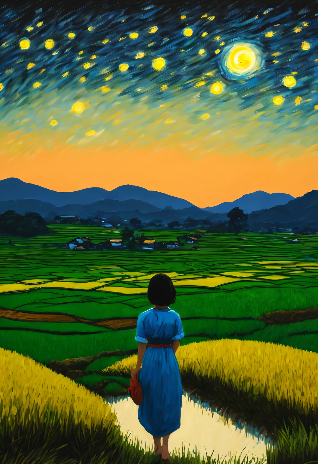 best quality, 4k, 8k, high level, masterpiece: 1.2, Super detailed, actual: 1.37, (Endless rice fields), a little girl ，double contact，blue sky, dreamy atmosphere, bright color palette, Vibrant shades, Impressionist brushstrokes, Subtle lighting effects ， sunset on the horizon, Peaceful and tranquil atmosphere, Harmony between nature and sky, textured brushstrokes, Abundant and vibrant crops, dusk atmosphere, Tranquil pastoral scenery, Glowing stars light up the night, creating a Peaceful and tranquil atmosphere, Peaceful and picturesque setting, Inspired by the style and techniques of Van Gogh. Sublime and atmospheric depiction, ethereal beauty, and fascinating celestial phenomena,