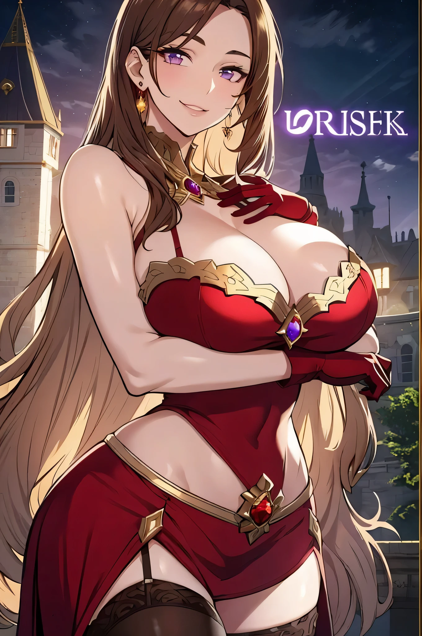 Lian, light brown hair, hair stick, bangs, violet eyes, solo, smiling, standing, upper body, hips, bare shoulders,purple thighhighs, red dress, gold jewelry,armor,gloves,circlet, cleavage, red and gold royal castle, gigantic breasts, (best quality, masterpiece, beautiful and aesthetic:1.2, highest detailed face, perfect face,) eyes, perfect face,expressive eyes,
looking at viewer, in the center of the image,(Upper_body),(Focus on her face),
official art,extremely detailed CG unity 8k wallpaper, perfect lighting,Colorful, Bright_Front_face_Lighting,shiny skin,
(masterpiece:1.0),(best_quality:1.0), ultra high res,4K,ultra-detailed