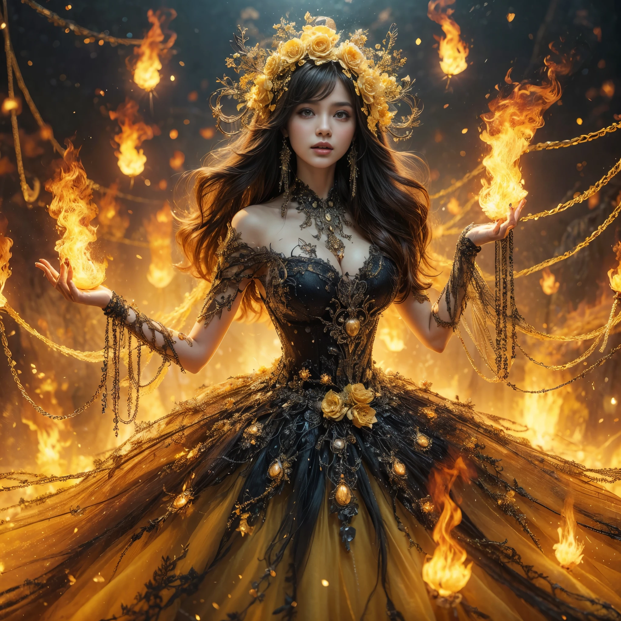 arafed woman with gigantic breast wearing a dress formed from fire, wearing an ornate outfit, ornate dress, intricate dress, elegant fire dress, ornate and elegant, extravagant dress, inspired by Hedi Xandt, ornate attire, intricate outfit, ornate royal gown, ornate clothing, ornate gown, intricate and elegant, intricate detailed dress, ornate , high heels, royal dress, detailed hand, detailed finger, sand in the body, sand on the dress, crystal element, crystal wings, Transparent clothing, masterpiece, best quality:1.2),,(8k,highres,RAW photo,realistic,photo-realistic:1.3),(detailed skin texture,detailed cloth texture,detailed flame texture, beautiful detailed face:1.25),professional lighting,photon mapping,beautiful soft light,radiosity,physically-based rendering,raytracing, model shoot style, model shoot style, (extremely detailed CG unity 8k wallpaper), full shot body photo of the most beautiful artwork in the world, (NSFW), (Nude), (Naked), (Nipple)