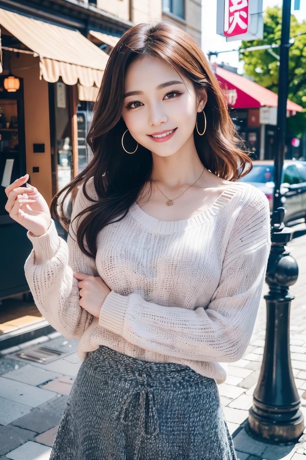(8k,RAW photo、RAW photo、highest quality、master masterpiece:1.2)、super detailed、super resolution、(Photoreal:1.3)、Angle taken from the front、Clearly depict the shadows of light、High resolution RAW color photos、professional photos、Same skin type as humans、Japan female proofreading from head to waist、blur the background、I draw it faithfully to the anatomy.、Cafe、very detailed and beautiful、Super high quality、length、Her hair is swinging and sexy、Highly detailed beautiful girl、(pink eyeshadow)、smile、private server、Upper body、Please park on sunny days、loose curly hair、sweater、looked back、A big smilee