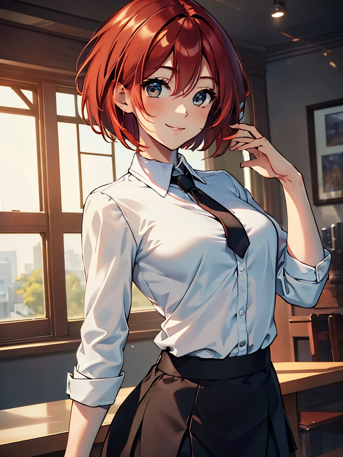 { masterpiece : best quality : high resolution : unity 8k wallpaper : illustration : beautiful detailed eyes : extremely detailed face : perfect lighting : extremely detailed CG : perfect hands : perfect anatomy } { Will Vandom, short red hair , white collar shirt, black skirt, solo, smiling, looking at viewer, cinematic composition, cutest pose, full body image , }