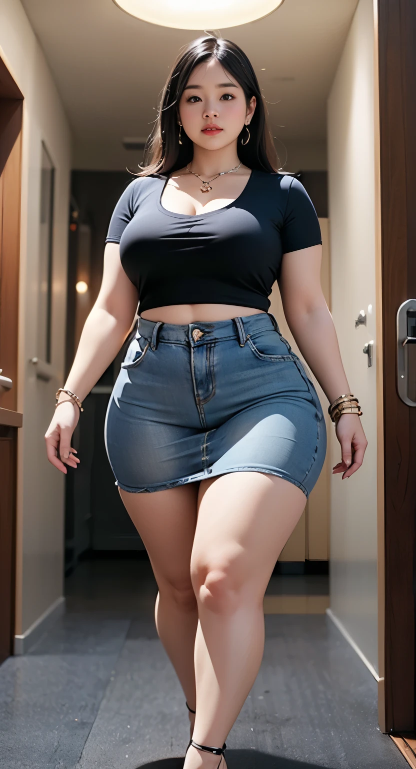 ((best quality)), ((masterpiece)), (detailed), perfect face, araffe woman in a dark-blue shirt and blue denim skirt walking down a dark room, thicc, she has a jiggly fat round belly, bbwchan, wearing tight simple clothes, skinny waist and thick hips, widest hips, her belly is fat and round, soft curvy shape, hyperrealistic full figure, wearing a cute top, wide hips, wearing 10 bracelet , wearing huge diamond necklace 