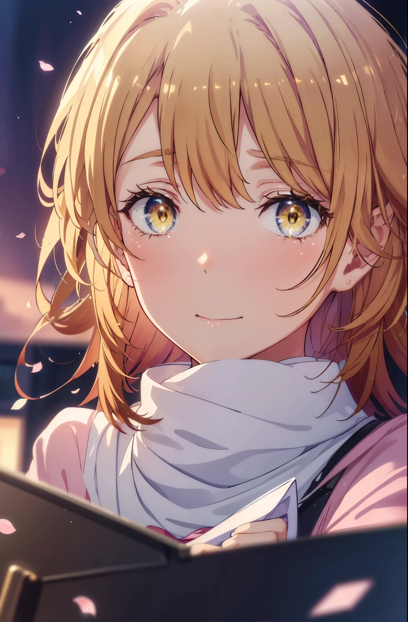 irohaisshiki, iroha isshiki, long hair, brown hair, (brown eyes:1.5), smile,yellow muffler,pink long coat　There is space in front,white sweater,black long skirt,short boots,Big tears are running down her face,Crying with joy,cry a lot,A piece of paper with a large number of numbers written on it is pasted on the bulletin board in front of the school building.,happy crowd,cherry blossoms are blooming,Cherry blossoms are scattered,pink scenery,morning,Announcement of university results,
break outdoors, University buildings,
壊す looking at viewer,Systemic
break (masterpiece:1.2), highest quality, High resolution, unity 8k wallpaper, (figure:0.8), (detailed and beautiful eyes:1.6), highly detailed face, perfect lighting, Very detailed CG, (perfect hands, perfect anatomy),