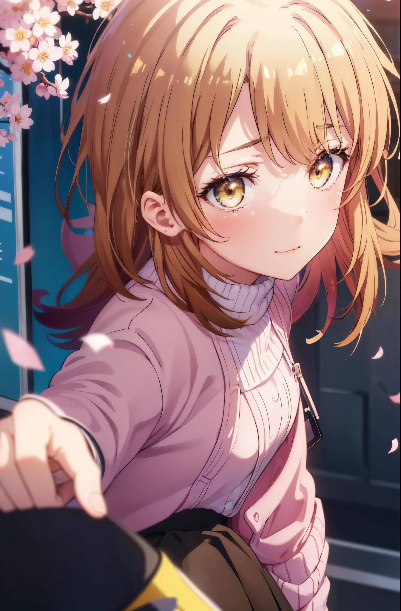 irohaisshiki, iroha isshiki, long hair, brown hair, (brown eyes:1.5), smile,yellow muffler,pink long coat　There is space in front,white sweater,black long skirt,short boots,Big tears are running down her face,Crying with joy,cry a lot,A piece of paper with a large number of numbers written on it is pasted on the bulletin board in front of the school building.,happy crowd,cherry blossoms are blooming,Cherry blossoms are scattered,pink scenery,morning,Announcement of university results,
break outdoors, University buildings,
壊す looking at viewer,Systemic
break (masterpiece:1.2), highest quality, High resolution, unity 8k wallpaper, (figure:0.8), (detailed and beautiful eyes:1.6), highly detailed face, perfect lighting, Very detailed CG, (perfect hands, perfect anatomy),