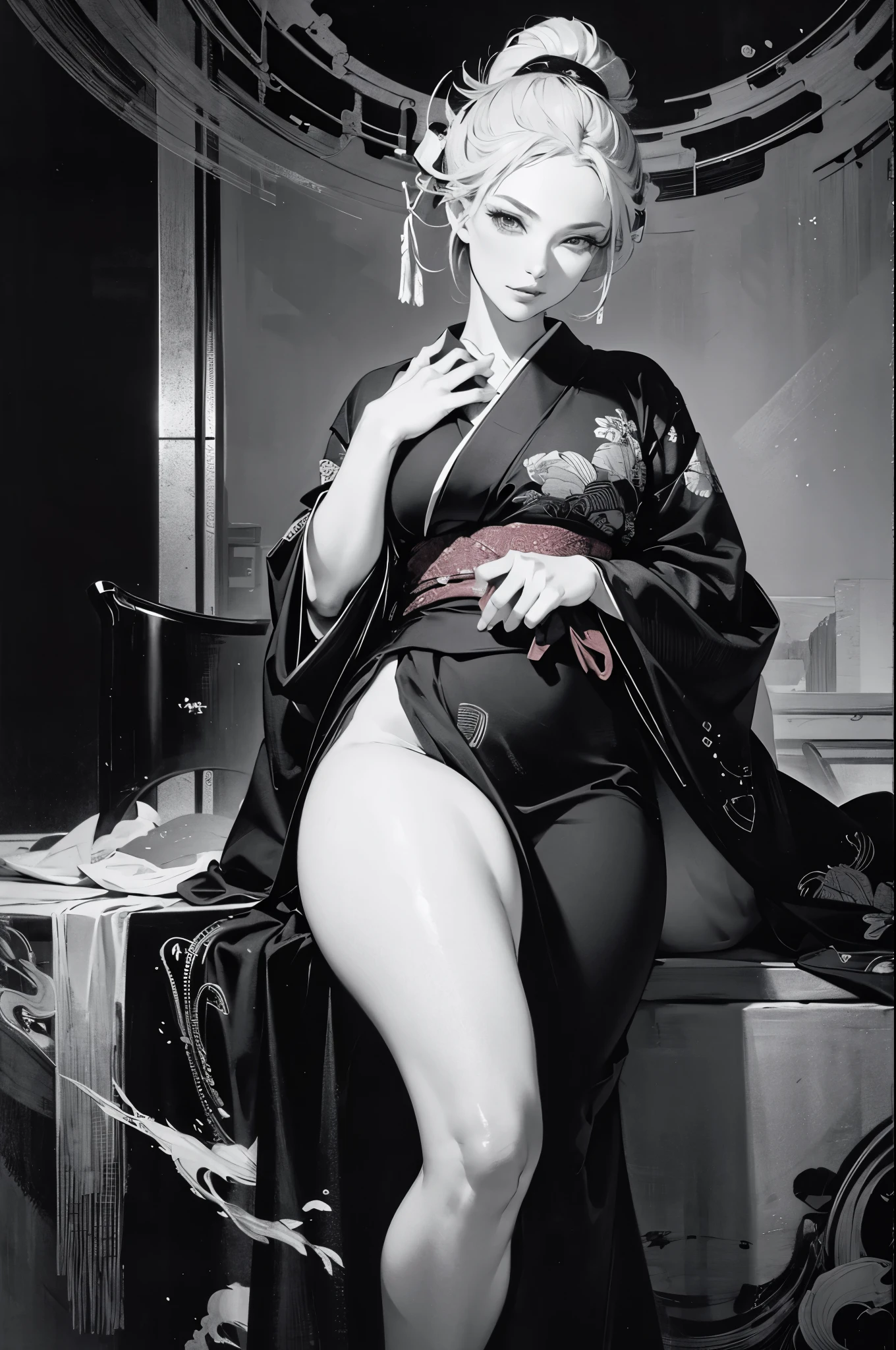 Umalinda warrior sexy, pretty face, Delicious Company, Alluring figure, Wearing a sexy open kimono. The artwork is created in a medium reminiscent of Japanese ink paintings....., 具有大胆的笔触和Monochromatic color palette. artist&#39;Masterful technique reveals the intensity and power of the image&#39;sense of presence，with the highest quality, Perfectly capture every detail with ultra-high resolution. Textures and intricate patterns on kimonos are rendered with extreme precision. Lighting is carefully designed，Enhance drama, Features deep shadows and subtle highlights. General, The artwork exudes elegance and power, Combining traditional Japanese aesthetics with a modern feel. Monochromatic color palette, Combine details, Create captivating and immersive experiences for your audience.