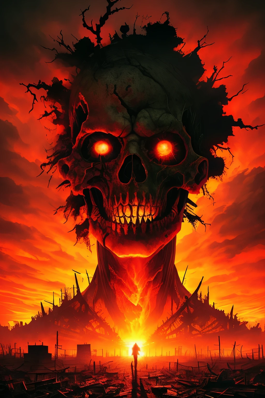 A captivating cover image for "The Scourge" by Stephen King: An apocalyptic scene, ruins of civilization under a fiery sunset sky, as a dark silhouette emerges from the chaos, symbolizing the ominous threat looming over a world devastated by a mysterious pandemic. This image, evocative of Stephen King's haunting tales, captures the desolation and terror of a post-apocalyptic world in intricate details, with a hyper-detailed sunset painting the sky in hues of red and orange. Despite the destruction, the cover maintains a cinematic allure, making for an intriguing and dramatic representation of the story to