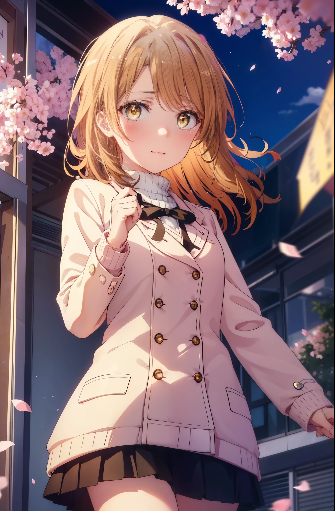 irohaisshiki, iroha isshiki, long hair, brown hair, (brown eyes:1.5), smile,yellow muffler,pink long coat　There is space in front,white sweater,black long skirt,short boots,Big tears are running down her face,Crying with joy,cry a lot,A piece of paper with a large number of numbers written on it is pasted on the bulletin board in front of the school building.,happy crowd,cherry blossoms are blooming,Cherry blossoms are scattered,pink scenery,morning,Announcement of university results,
break outdoors, University buildings,
壊す looking at viewer,Systemic
break (masterpiece:1.2), highest quality, High resolution, unity 8k wallpaper, (figure:0.8), (detailed and beautiful eyes:1.6), highly detailed face, perfect lighting, Very detailed CG, (perfect hands, perfect anatomy),