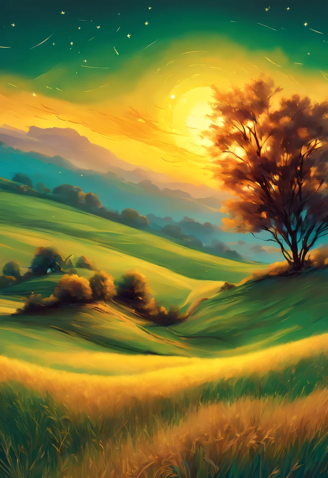 best quality,4k,8k,high resolution,masterpiece:1.2,Super detailed,actual:1.37,Beautiful and delicate eyes,Beautiful and delicate lips,Extremely detailed eyes and face,long eyelashes,wheat field,stagnant sky,dreamy atmosphere,Brilliant color palette,Vibrant shades,impressionistic brushwork,Subtle lighting effects,The sun sets over the horizon,Lush green landscape,Wheat dances in the wind,Peaceful and peaceful atmosphere,Harmony between nature and sky,Playful shadows and highlights,texture strokes,Abundant and vibrant crops,一望无际的金色wheat field,dusk atmosphere,Peaceful and idyllic rural scene,Glowing stars light up the night,Star clusters sparkle in the universe,magnificent starry night,Calm and peaceful atmosphere,Peaceful and picturesque setting,Inspired by the style and techniques of Van Gogh,Sublime and atmospheric depiction,ethereal beauty,Fascinating celestial phenomena.