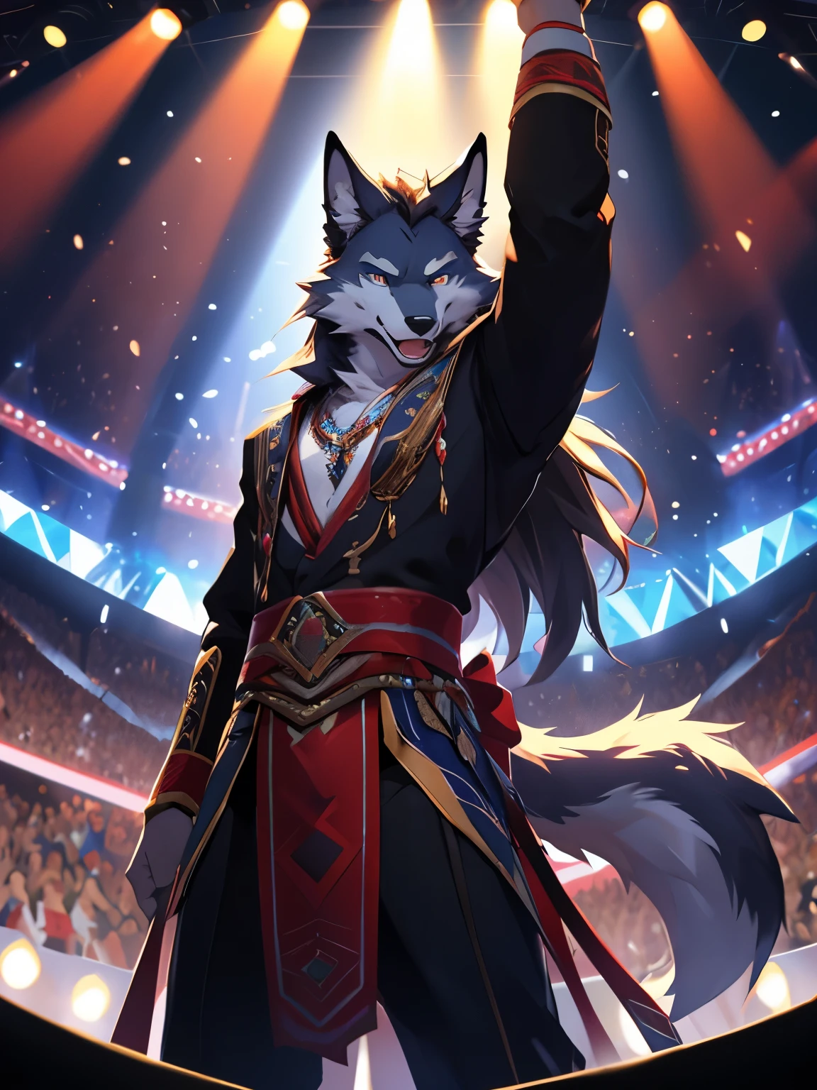4k, high resolution, best quality, perfect colors, perfect shadows, perfect lighting, posted on e621, (by Chunie), male, furry, Wolf anthro, eyes, (Realistic eye details 1.2), KPop wear, slim body, Long hair, onstage, Singing in front of an audience, vigorously, spotlights, hold the mic, Perfect centralization, delight, Standing position, Abstract beauty, centre, Looking at the camera, Facing the audience, nearing perfection, Dynamic, highly detailed, Liso, sharp focus, 8K, A high resolution, illustration