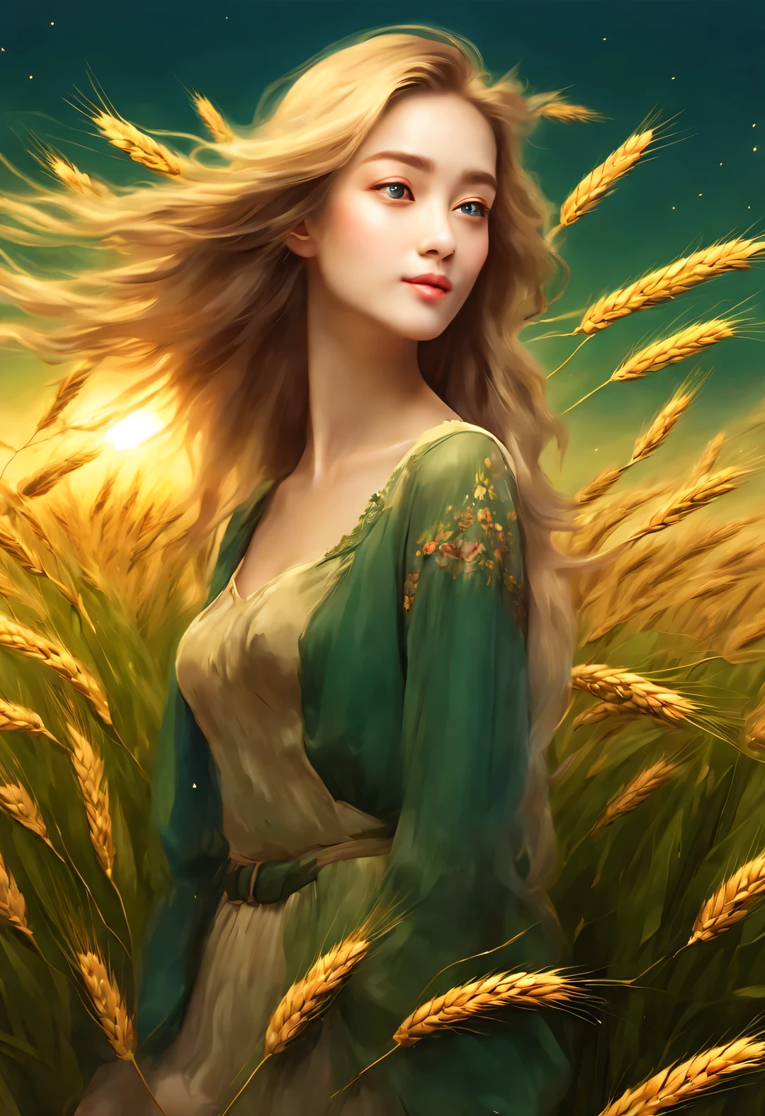 best quality,4k,8k,high resolution,masterpiece:1.2,Super detailed,actual:1.37,Beautiful and delicate eyes,Beautiful and delicate lips,Extremely detailed eyes and face,long eyelashes,wheat field,stagnant sky,dreamy atmosphere,Brilliant color palette,Vibrant shades,impressionistic brushwork,Subtle lighting effects,The sun sets over the horizon,Lush green landscape,Wheat dances in the wind,Peaceful and peaceful atmosphere,Harmony between nature and sky,Playful shadows and highlights,texture strokes,Abundant and vibrant crops,一望无际的金色wheat field,dusk atmosphere,Peaceful and idyllic rural scene,Glowing stars light up the night,Star clusters sparkle in the universe,magnificent starry night,Calm and peaceful atmosphere,Peaceful and picturesque setting,Inspired by the style and techniques of Van Gogh,Sublime and atmospheric depiction,ethereal beauty,Fascinating celestial phenomena.