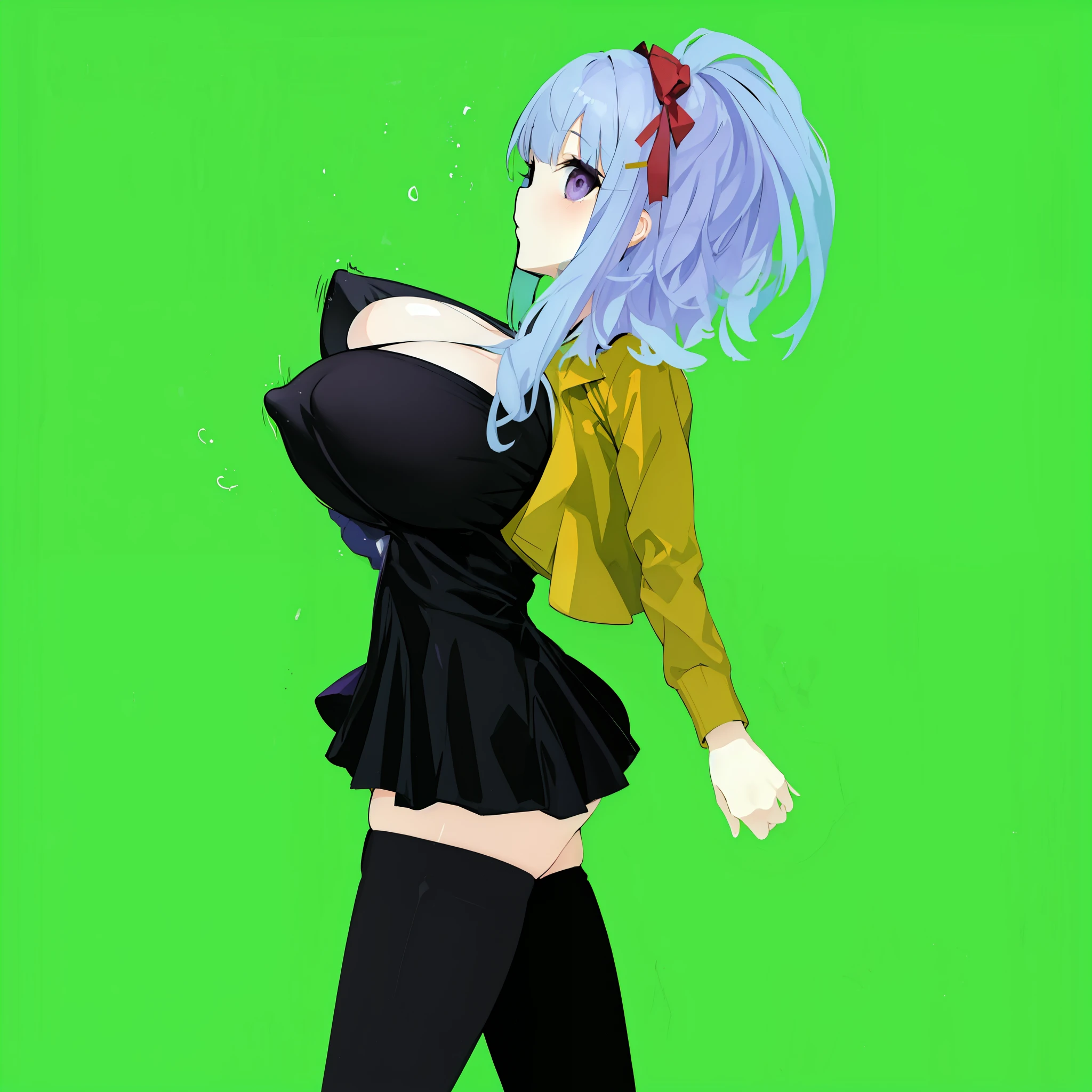 1 skinny girl, solo, light blue hair, side face, BREAK, (dark purple eye:1.4), bending back, looking at viewer, BREAK, black plunging neckline short dress, dark yellow cropped jacket, black thighhighs, BREAK, (bouncing unaligned huge breasts:1.5), cleavage, very short torso, (inconceivably narrow waist), thin long legs, BREAK, (show off crotch:1.4), BREAK, strong wind
