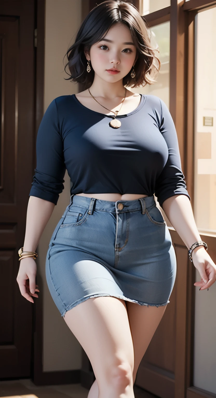 ((best quality)), ((masterpiece)), (detailed), perfect face, araffe woman in a dark-blue shirt and blue denim skirt walking down a dark room, thicc, she has a jiggly fat round belly, bbwchan, wearing tight simple clothes, skinny waist and thick hips, widest hips, her belly is fat and round, soft curvy shape, hyperrealistic full figure, wearing a cute top, wide hips, wearing 10 bracelet , wearing huge diamond necklace , watch, wavy short hair 
