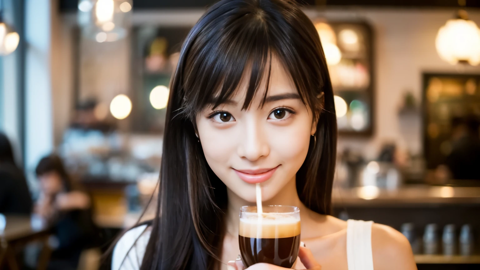 ((最high quality, 8k, masterpiece: 1.3)), perfect face,Inside a stylish cafe in New York、Draws a scene where a beautiful woman with big breasts like a model is drinking a latte.,All around you, you can see other customers enjoying their time.。At the back of the cafe、The staff are busy working at the counter.、You can feel the liveliness and stylish luxury that is typical of a city cafe., sharp focus, 1 girl, Sexy 1.2, , (big: 1.5), fine eyes, Beautiful eyes with long slits, double eyelid, (cat face), (cute Face), cute Smile, (close your mouth), (cute), soft skin, Show the whole body, surreal, super detailed, high quality, (Beautiful female college student studying in a cafe), ((詳細な非常にcute女子大生)), ((胸は隠れているけど服の上から解るぐらいbig胸)),A look that looks at your boyfriend