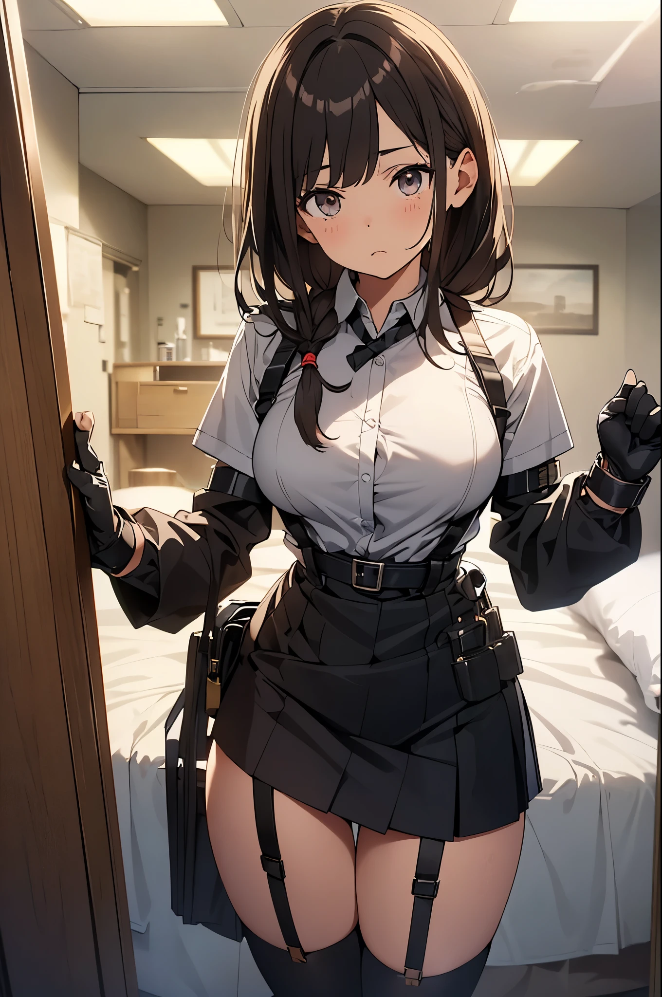 brown hair、looking at the viewer　　suspenders　　　big swollen breasts　　 　 　　　　black mini skirt　garter belt　knee high socks　　　　　　Aerial perspective　　　small face　bangs 　　　　　Beauty　　hands up　　 　sideways view 　black boots 　provocation　　　one person 　　　cutter shirt　　　hands behind　put your hands behind your back　Hands behind your back　With your hands behind your back　armed　holster　　Belt Garter Bell Black Gloves with Holes A Hotel Room　Bed　wall side