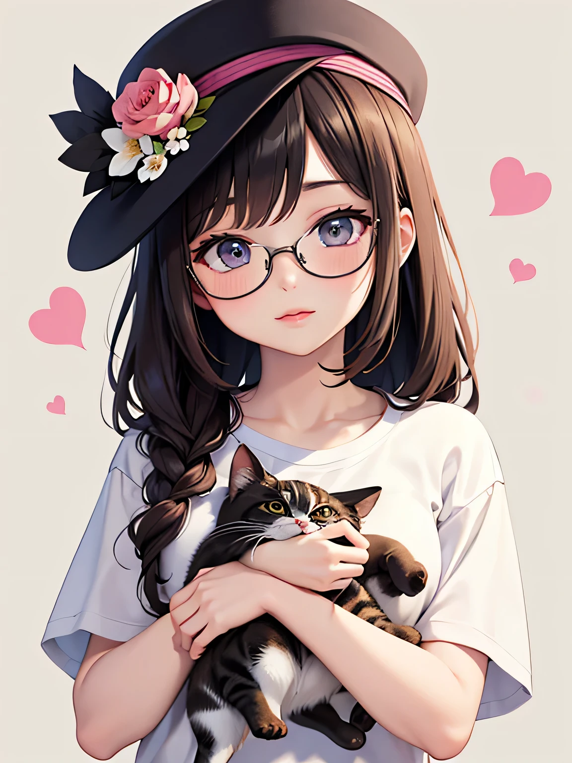 The most lovely girl with stylish design, lips in love, Fashionable hats, fashionable glasses, stylish t-shirts, Holding a kitten., beautiful flower, Colorful Hearts, highest quality