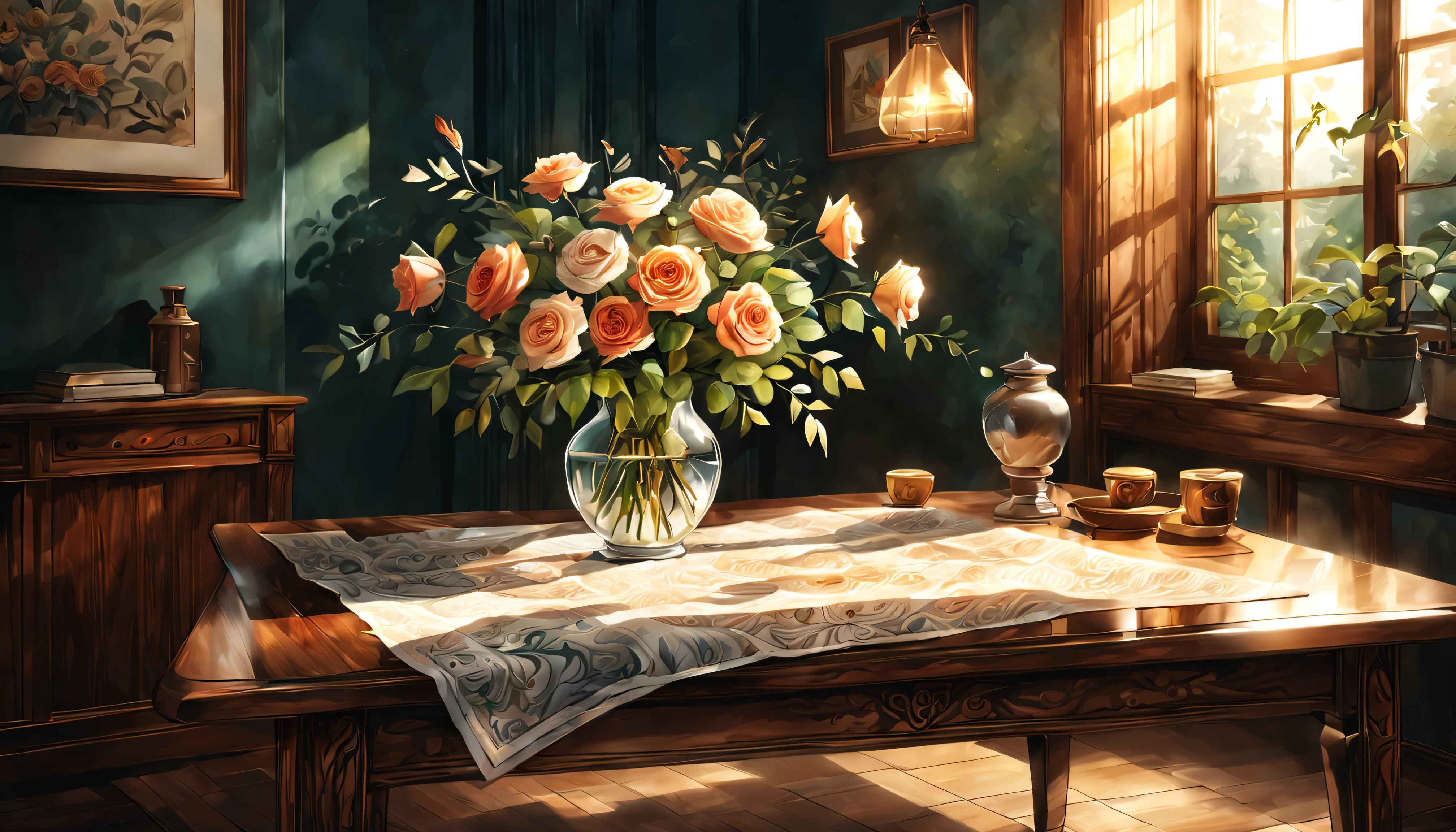 On a table with obvious wood grain.The picture on the painting is a watercolor of hand drawn flowers and roses (Hand drawn watercolor with large blank space)The pattern is fresh and natural,Super fine hemp rope.調色盤隨意地置放On a table with obvious wood grain. (best quality), (super detailed), (Best Illustration),(Best light and shadow),Art Deco, concept art, , Luminism, Ray tracing, contour, Vignetting, mail, First-person perspective, Wide-angle lens, ultra high definition, anatomically correct, Super details, best quality