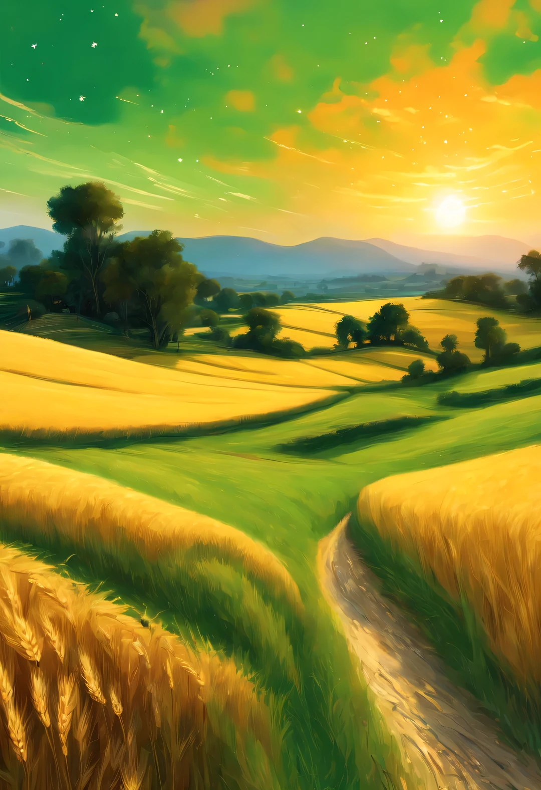 best quality, 4k, 8k, high-rise, masterpiece: 1.2, Super detailed, actual: 1.37, Beautiful and delicate eyes, Beautiful and delicate lips, Extremely detailed eyes and face, long eyelashes, wheat field, stagnant sky, dreamy atmosphere, bright color palette, Vibrant shades, Impressionist brushstrokes, Subtle lighting effects, sunset on the horizon, Lush green landscape, Wheat dances in the wind, A Peaceful and tranquil atmosphere, Harmony between nature and sky, Playful shadows and highlights, textured brushstrokes, Abundant and vibrant crops, Endless golden wheat ears, dusk atmosphere, Tranquil pastoral scenery, Shining stars light up the night, Star clusters shine in the universe, magnificent starry night, Peaceful and tranquil atmosphere, Quiet environment、Picturesque, Inspired by the style and techniques of Van Gogh, Sublime and atmospheric depiction, ethereal beauty, and charming celestial phenomena.
