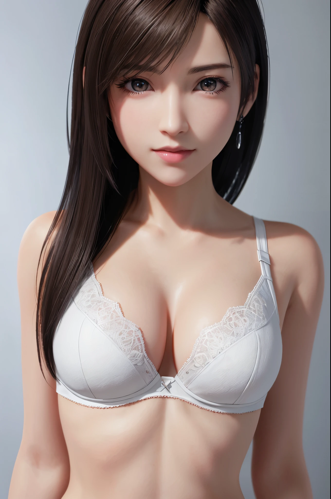 8K,top-quality,Real Image,intricate detailes,超A high resolution,Depth Field,masuter piece,natural soft light,profetional lighting,1 girl in,(cute little:1.2),Very beautiful 17 year old cartoon girl, photorealistic anime girl render, realistic anime 3 d style,A detailed eye,((Brown-eyed)),(Brown hair),(bangss), (((FF7)))(((Tifa))),(tifa:1.2,Solo), Blake Super Detail Face, Detailed eyes, (light brown hair, Large breasts: 1.2), ( bra and panties),