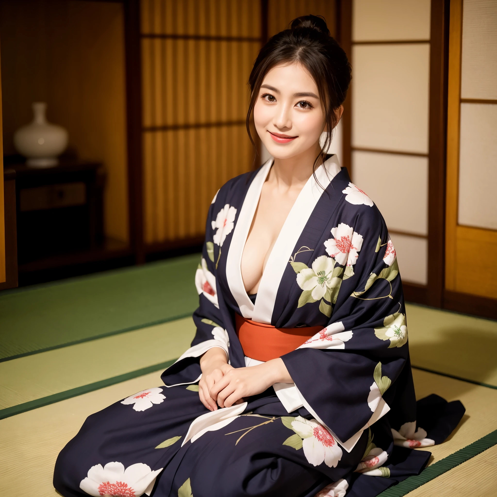 ulzzang-6500-v1.1, (highest quality: 1.3), (masterpiece: 1.3), (super detailed: 1.3), (genuine:1.4), (muste piece), sexy woman in kimono sitting on the floor, in yukata, Show your shoulders, in kimono, Japanese goddess, sakimichan, traditional beauty, Shunga style, Japanese model, sophisticated gravure idol, shikamimi, beast, Japanese, sexy, sensual, sexual, Bewitching、lustful、Poor、Cute sauce eyes、gentle smile、