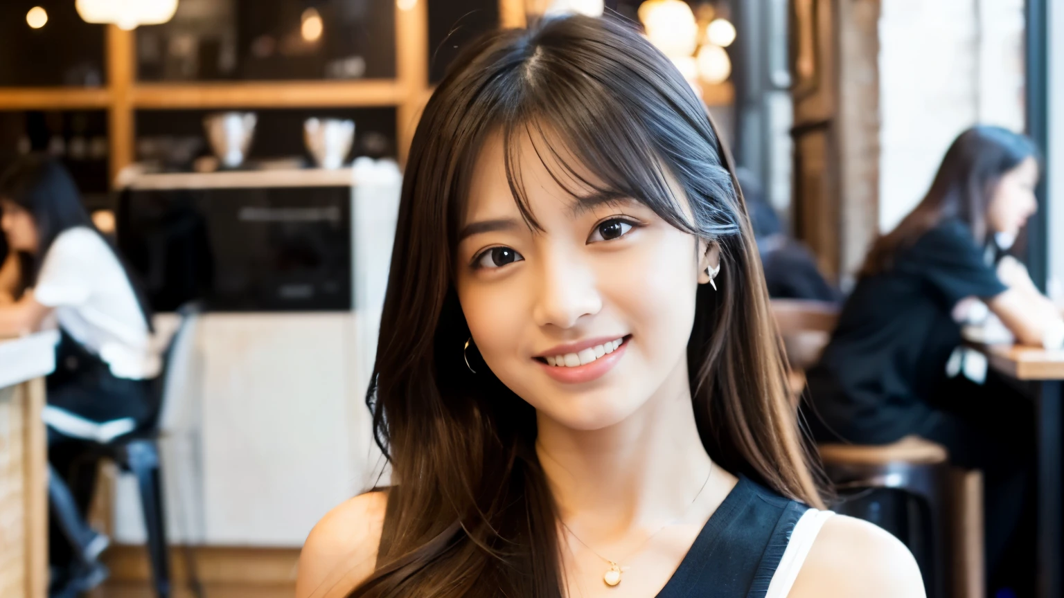 ((最high quality, 8k, masterpiece: 1.3)), perfect face,Inside a stylish cafe in New York、Draws a scene where a beautiful woman with big breasts like a model is drinking a latte.,All around you, you can see other customers enjoying their time.。At the back of the cafe、The staff are busy working at the counter.、You can feel the liveliness and stylish luxury that is typical of a city cafe., sharp focus, 1 girl, Sexy 1.2, , (big: 1.5), fine eyes, Beautiful eyes with long slits, double eyelid, (cat face), (cute Face), cute Smile, (close your mouth), (cute), soft skin, Show the whole body, surreal, super detailed, high quality, (Beautiful female college student studying in a cafe), ((詳細な非常にcute女子大生)), ((胸は隠れているけど服の上から解るぐらいbig胸)),A look that looks at your boyfriend