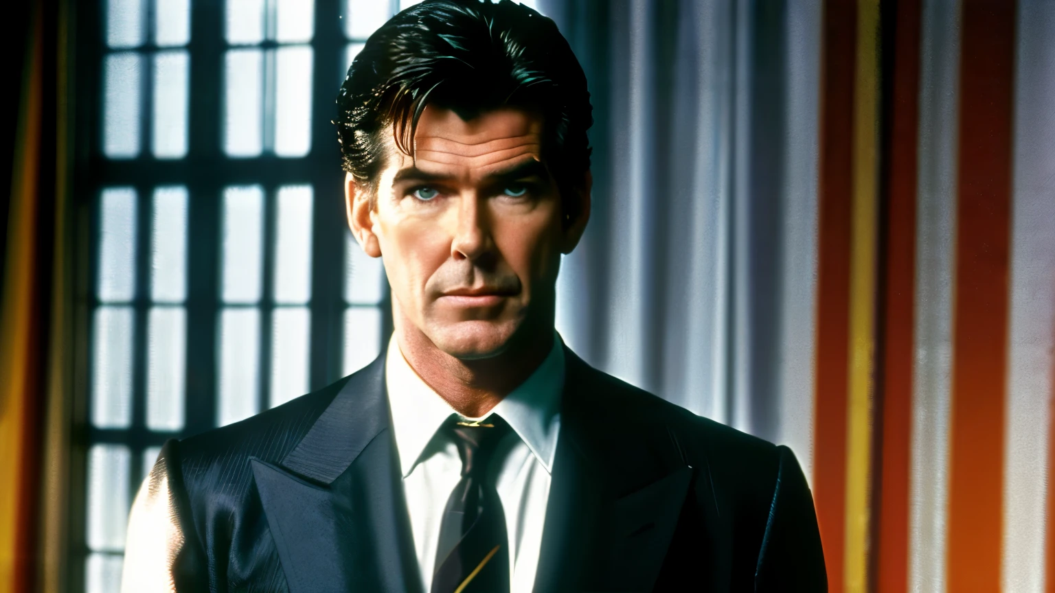 young 30 years old actor Pierce Brosnan as batman of movie Batman of 1989 of Tim Burton