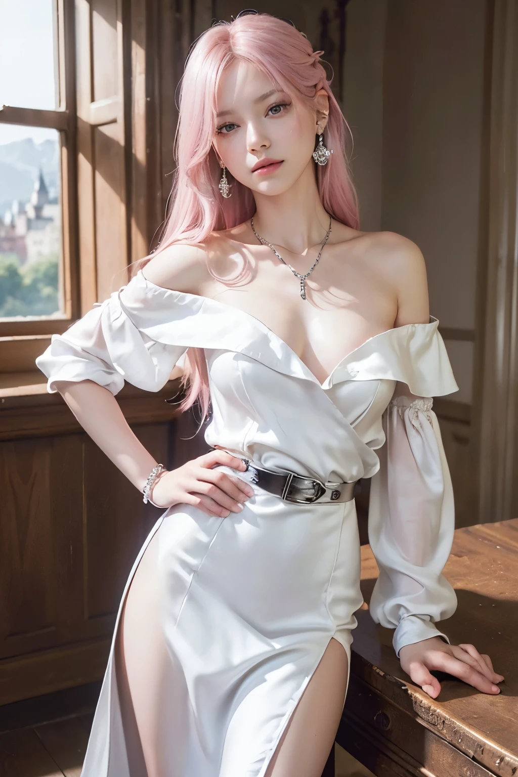 (8K, top-quality, masterpiece:1.2), (reallistic, Photorealsitic:1.37), Super Detail, One girl, (Highly detailed), (beautifully detailed eyes), (of the highest quality), (super detailed ), (masterpiece), (Detailed face), 20yr old, 1 girl, (pink hair, long hair), medium breasts, clothed, Perfect Lighting, BREAK, (white dress:1.4), (silk:1.3), (off-shoulder neckline:1.2), (silver belt:1.2), (slit hem:1.2), (silver pumps:1.2), (silver necklace:1.2), (silver earrings:1.2), BRAKE, (full body shot:1.2), (pink long hair side swept behind ear:1.2), (slight smile looking up:1.2), (left hand on waist right hand on dress hem:1.2), (castle in the background:1.2), (light from castle windows highlighting dress:1.2)